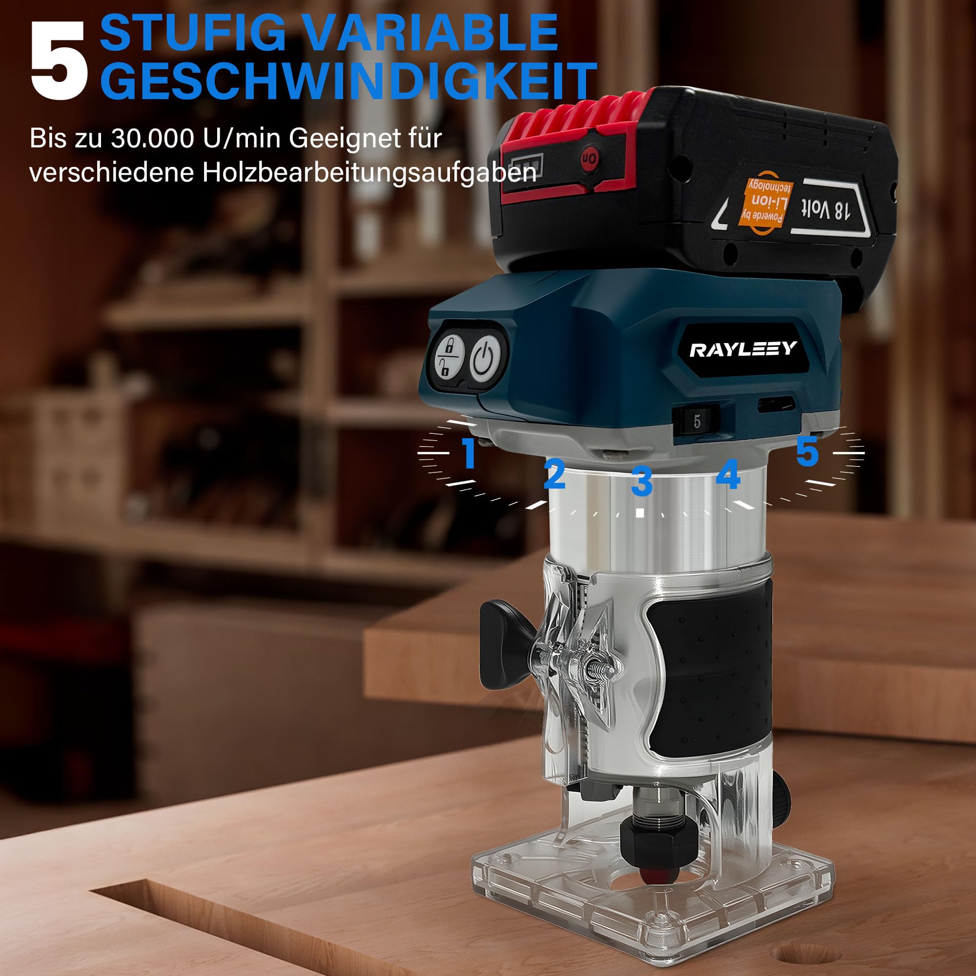 Akku Oberfräse für Bosch Professional 18V System, 800W Akku-Kantenfräse Set mit 5 Geschwindigkeit, 30000 U/min Bürstenloser Multifunktionsfräse Handfräser mit 15 Stück 1/4" Fräser Set(Ohne Akku)