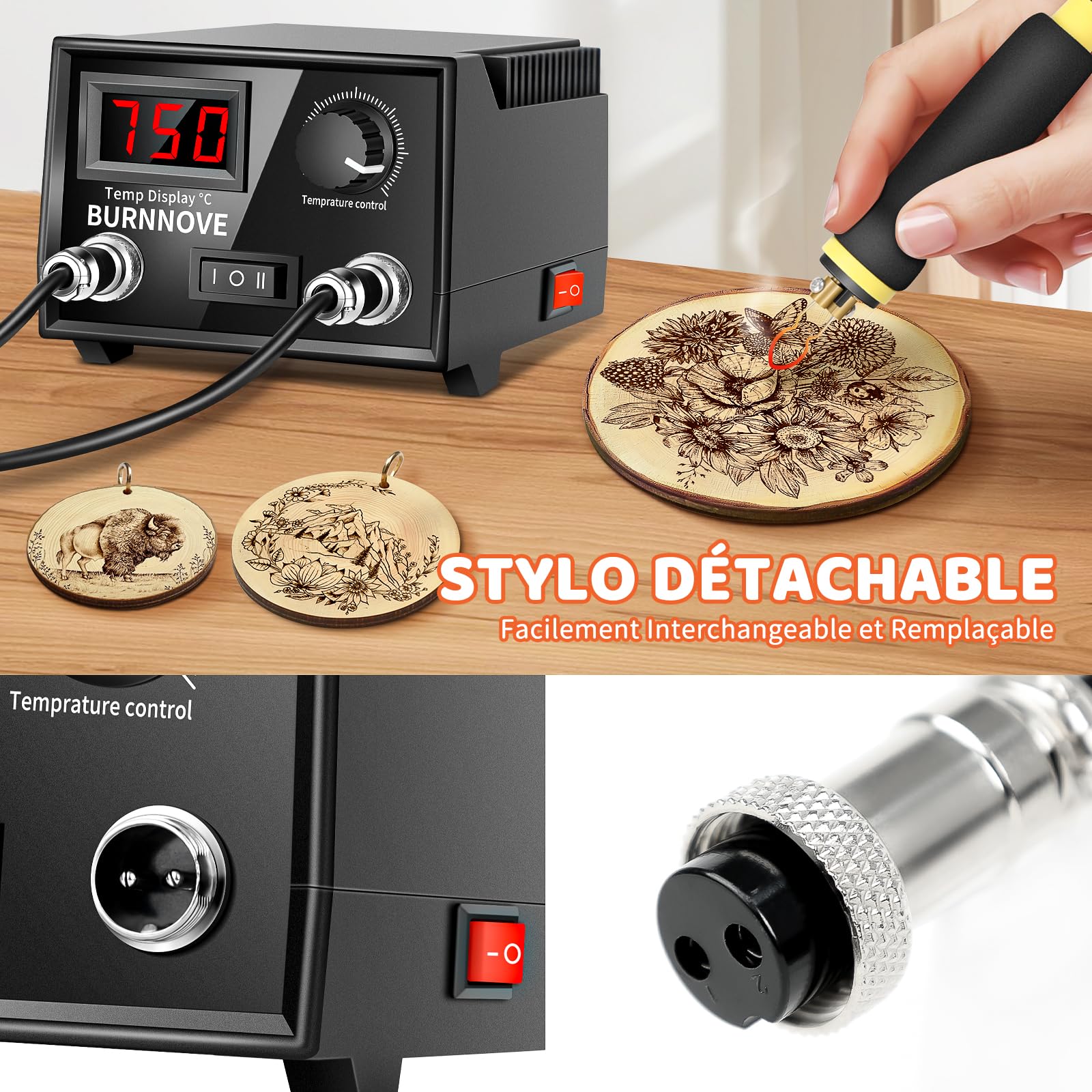 BURNNOVE Kit Pyrogravure Bois 100W avec Double Stylo et Écran LCD | Température réglable de 100 à 750°C, 21 pointes, support, éponge et boîte de rangement pour gravure sur bois et cuir