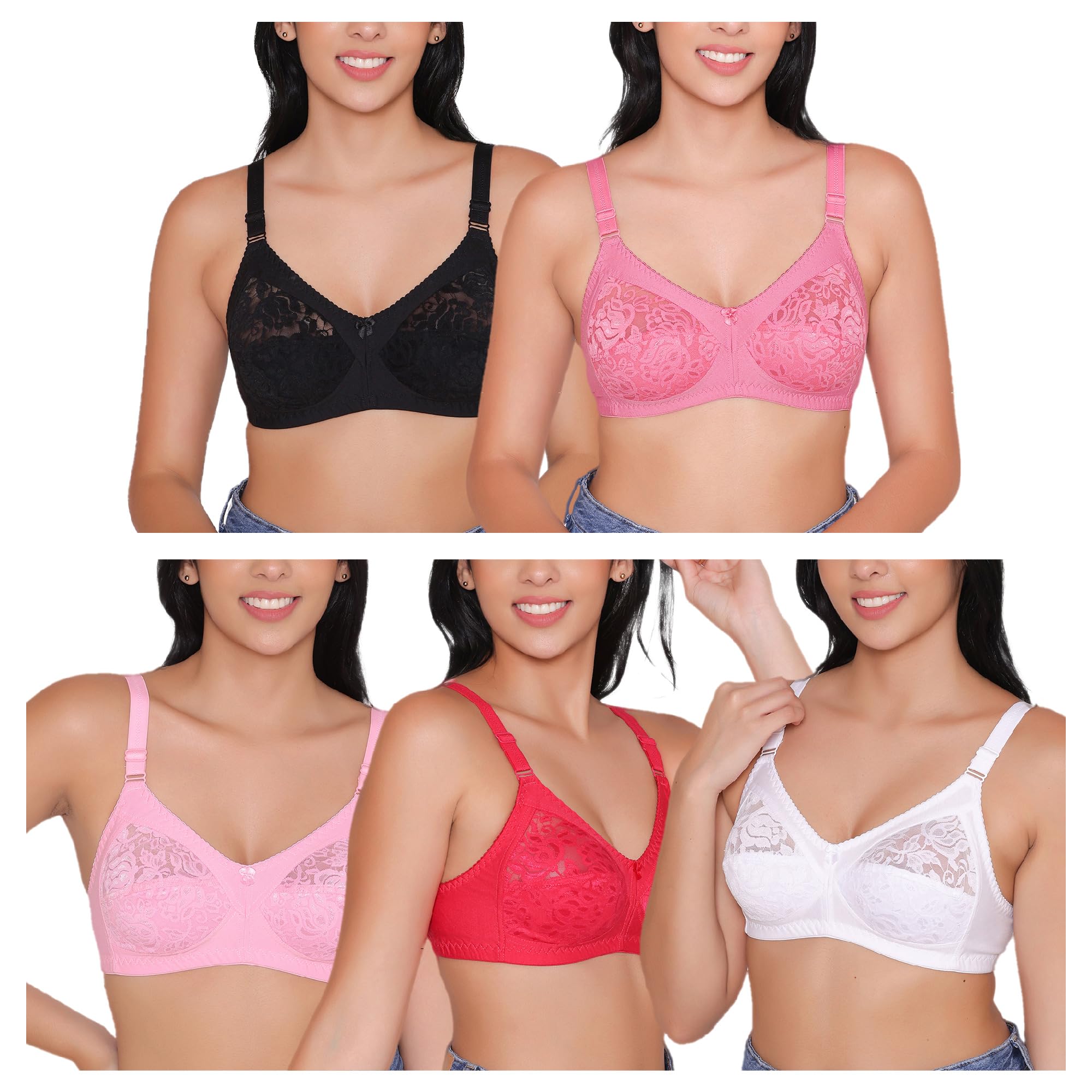 INKURV Full Coverage Bra for Women,Non Padded, Non Wired,Rich Cotton Fabric | Everyday Bra for Heavy Breast Support | Floral Design Regular Bra - Combo of 5 Thea