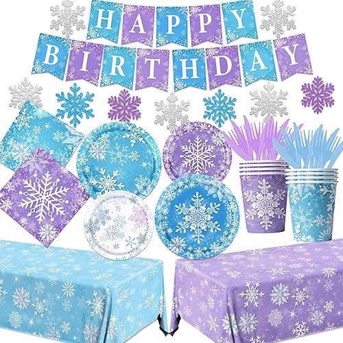 143pcs Birthday Party Decoration Snowflake Themed Tableware Winter Birthday Baby Shower Christmas Party Favors for Kids Including Plates,Napkins,Tablecloth,Banner,Cups