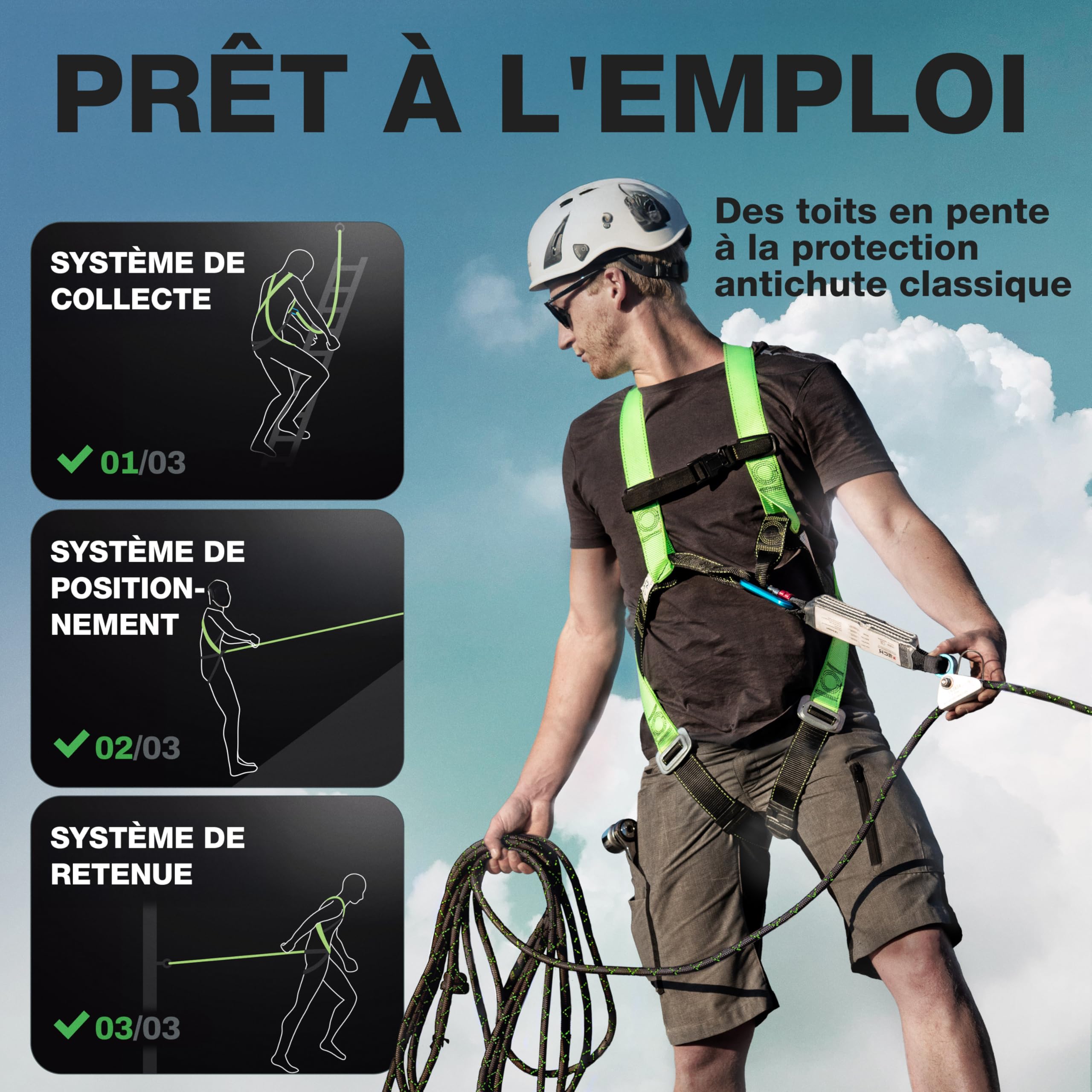 FLG Safetytec Kit complet de protection contre les chutes - Harnais de sécurité 2 points avec connecteur de 10m et sangle de 2m pour une sécurité maximale lors des travaux en hauteur selon EN353/361