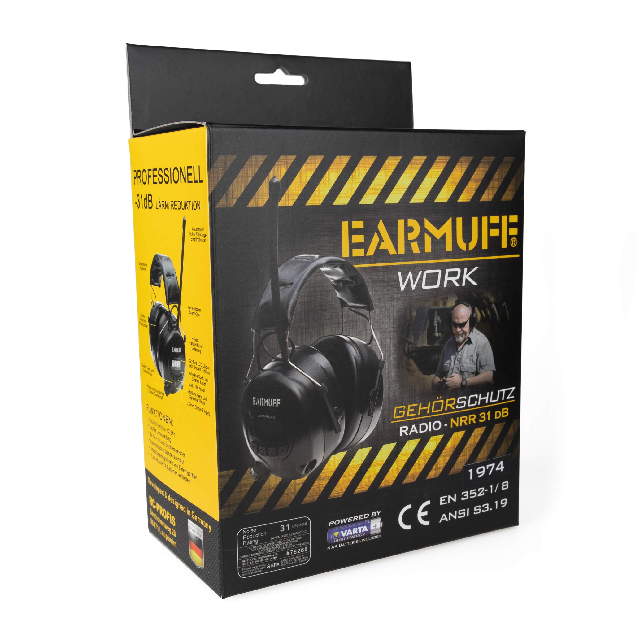 EARMUFF Gehörschutz mit AM/FM Radio, AUX Anschluss & 31 dB Dämmung | Radio hören & Musik vom Handy abspielen | elektronischer Ohrenschutz für Erwachsene | Schallschutz für Baustellen & Gartenarbeit