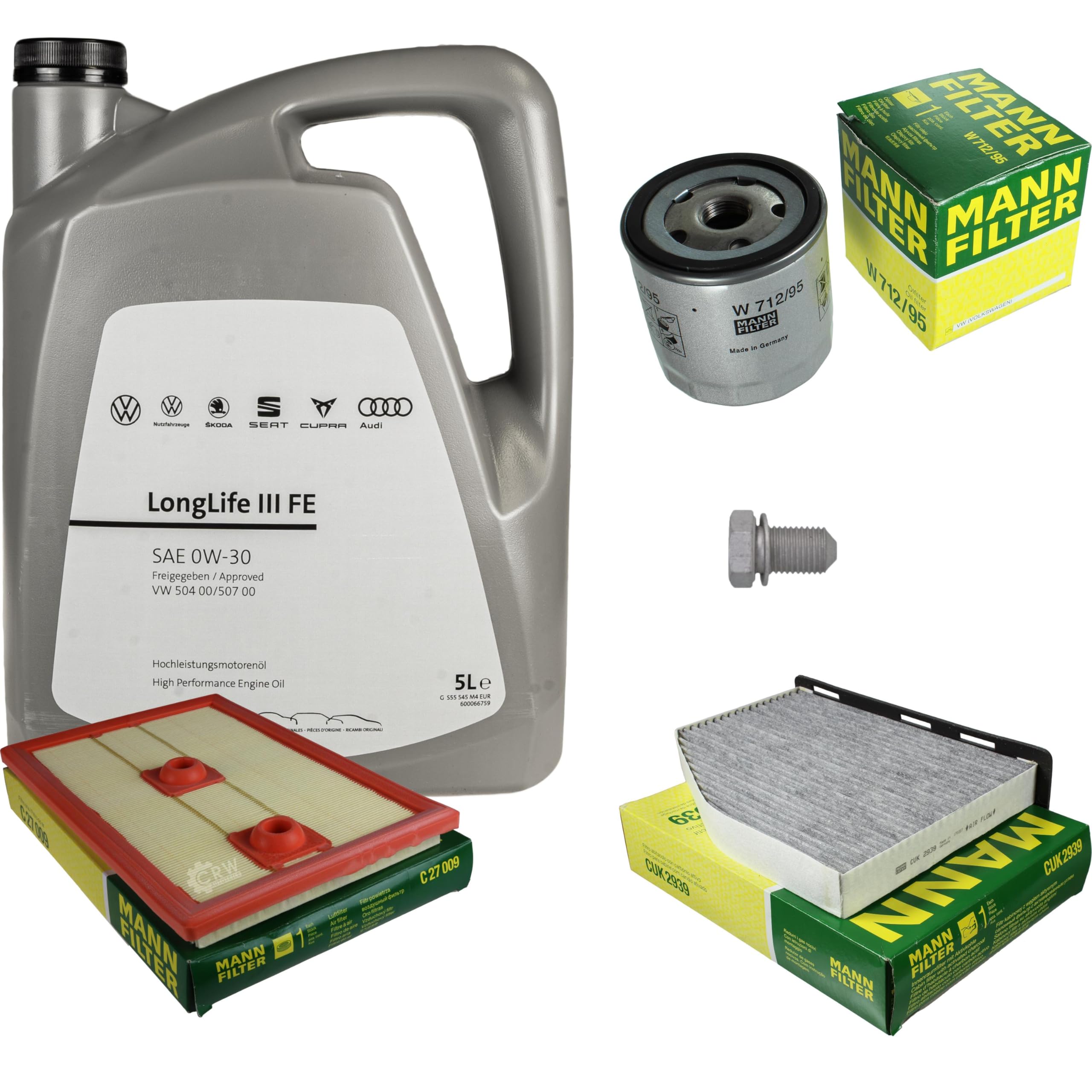 Pacchetto di ispezione pacchetto di manutenzione filtro con 5 l 0W-30 olio motore LongLife 3 FE, filtro dell'olio, filtro dell'aria abitacolo (carbone attivo) vite di scarico dell'olio