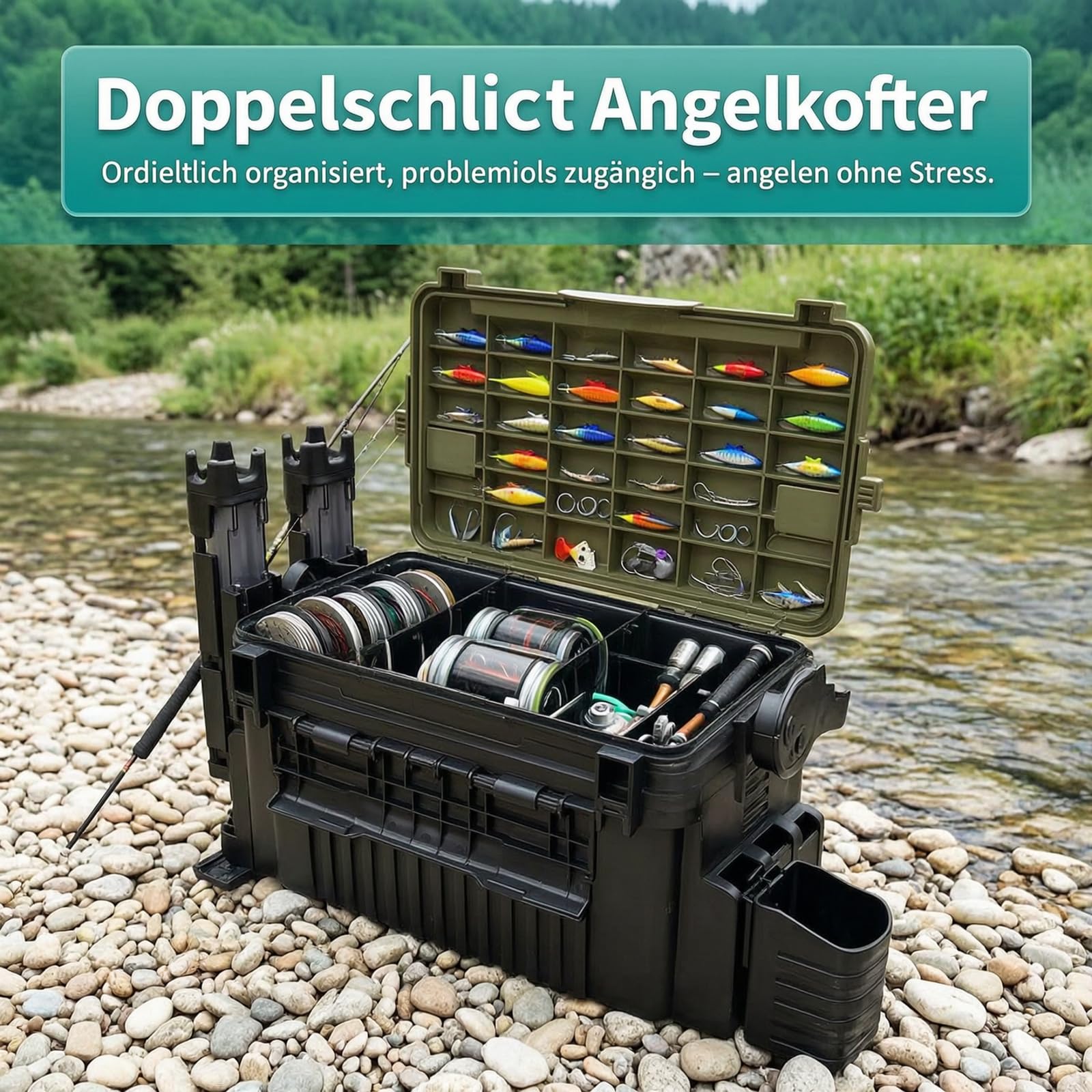 Grande valigetta da pesca a 2 ripiani, impermeabile | Tackle Box Organizer per accessori da pesca, scatola per esche, portatile, 43 x 23 x 28 cm