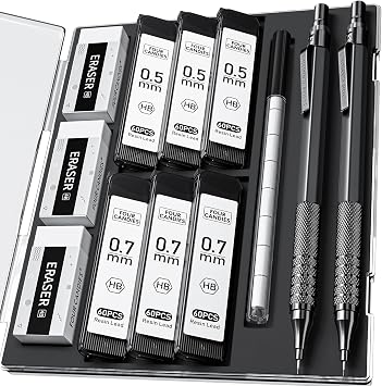 Four Candies 2PCS 0.5mm & 0.7 mm Metal Mechanical Pencils Set, 360PCS Lead Refills, 12 Erasers, Cool Lead Pencil with Case for School Writing, Sketching, Technical Work, Art Projects, Black