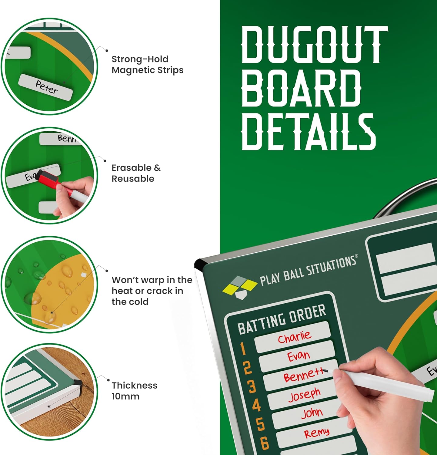 Magnetic Baseball Lineup Board for Dugout - Won’t Warp or Crack, Magnets Always Hold - Dry Erase Softball Lineup Board - Durable 2-Sided Baseball Clipboard for Coaches
