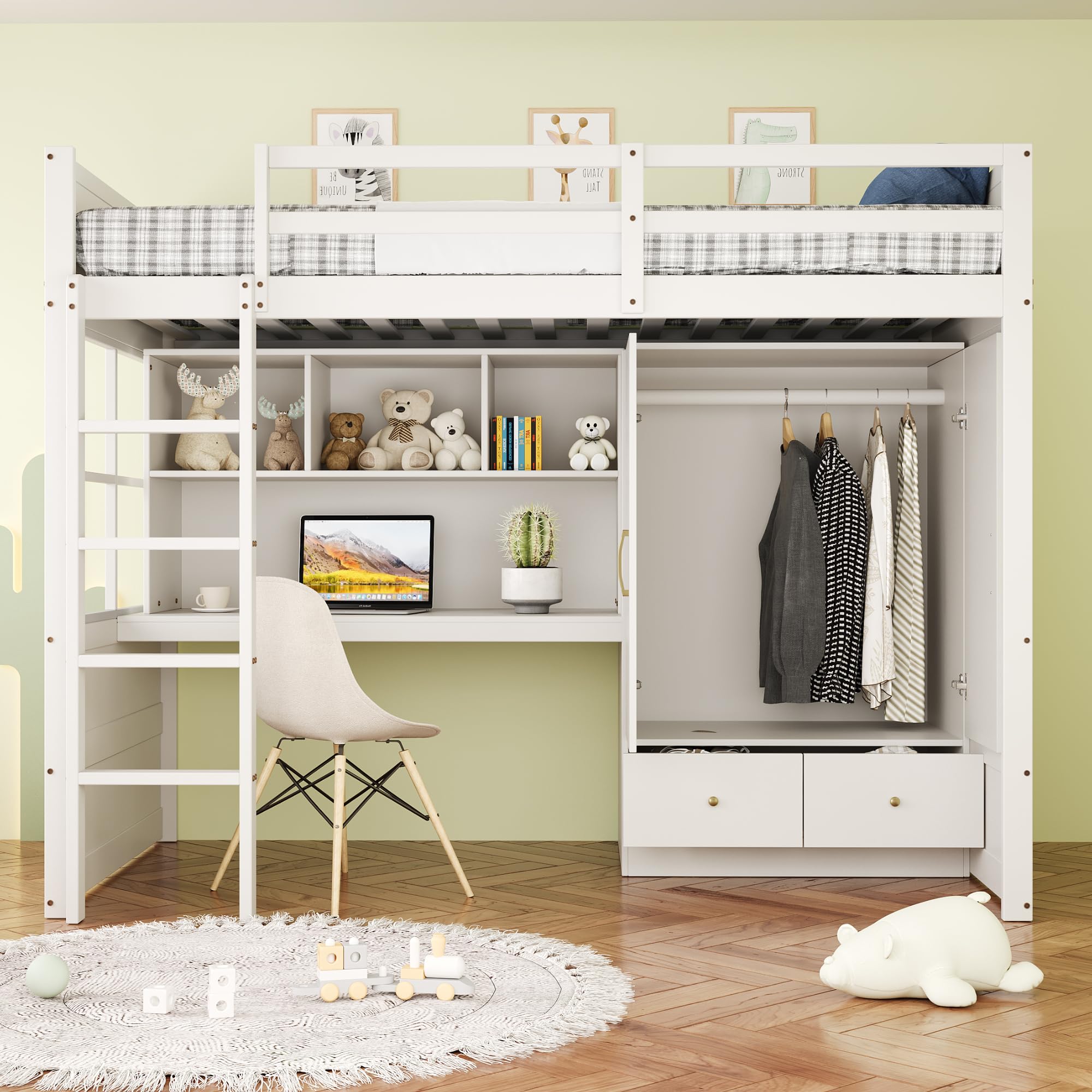 Kinderbett 90x200 cm, Hochbett mit Schreibtisch, Tisch mit Staufach, Kleiderschrank mit 2 Stauschublade, Etagenbett, Jugendbett, Bettgestell mit Lattenrost, Weiß, ohne Matratze
