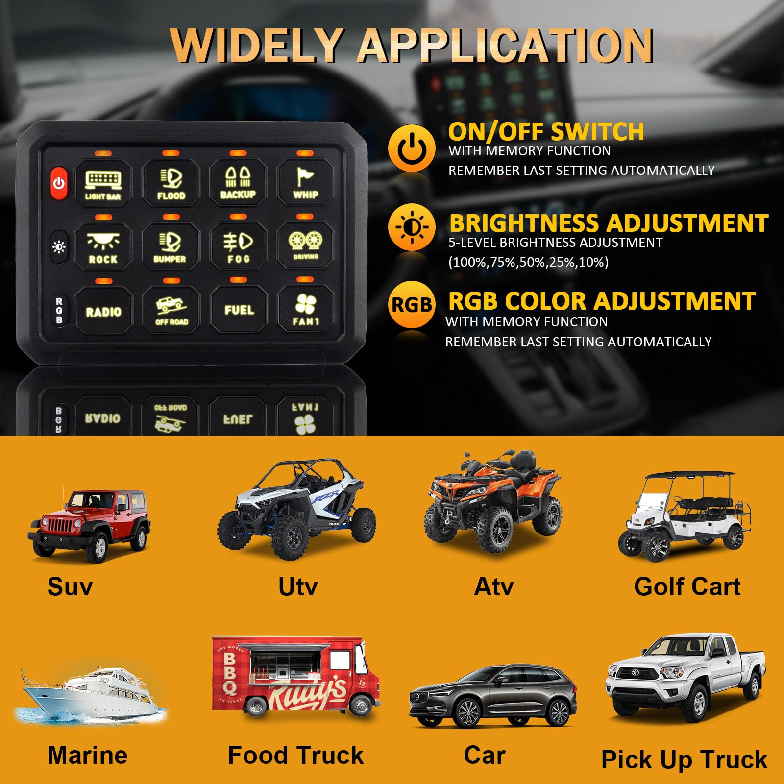 Chelhead Interruptor empotrable RGB de 12 grupos, circuito de control universal, sistema de relé de seguridad, arnés de cables para coche, camión, barco, ATV, UTV, SUV, multifuncional, 12-24 V | 12V 24V circuito de control universal sistema de relé arnés