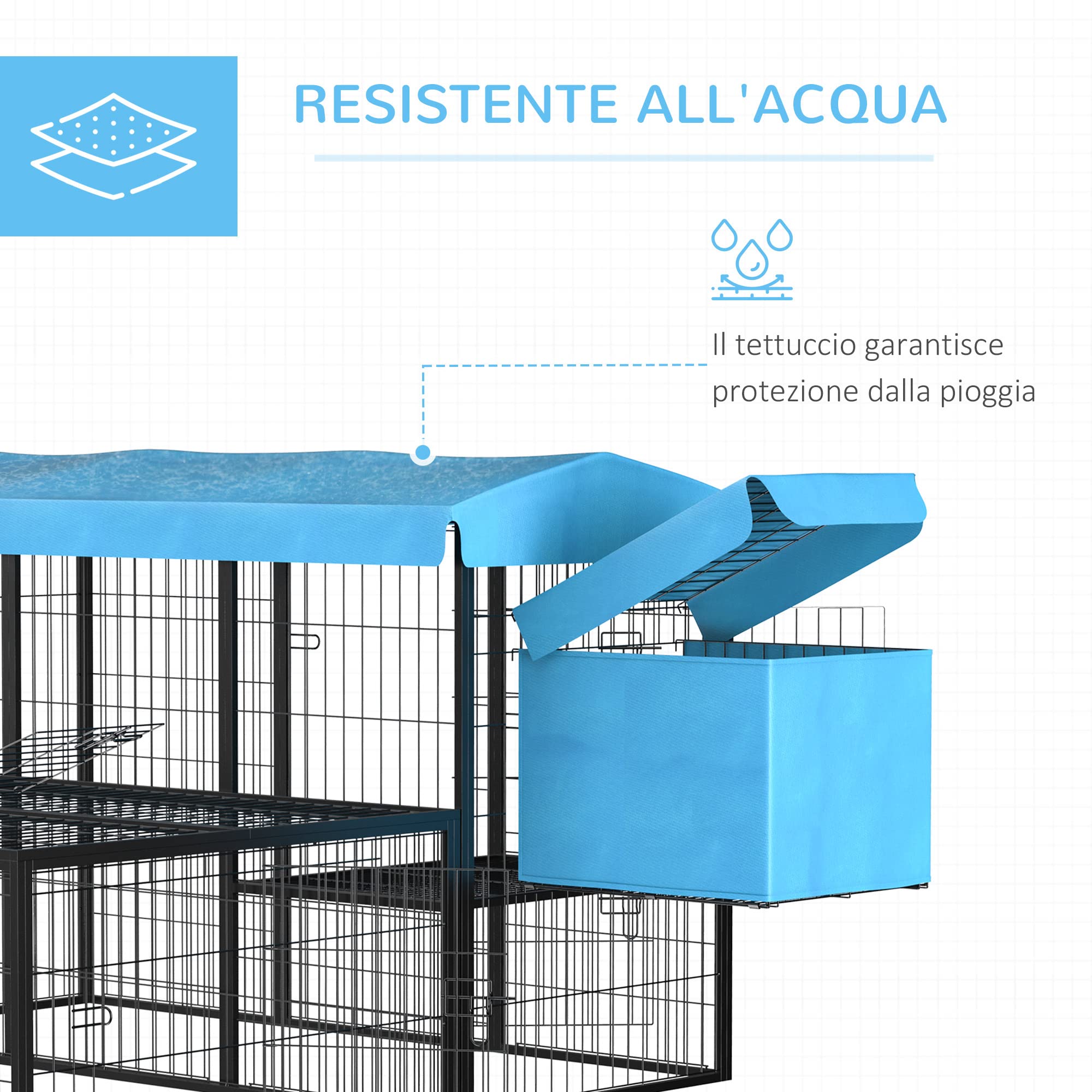 PawHut Pollaio da Giardino Componibile 6-10 Galline Blu 200x165.5x103cm | 2 Gabbie in Acciaio, Gabbia per Galline, Copertura in Poliestere