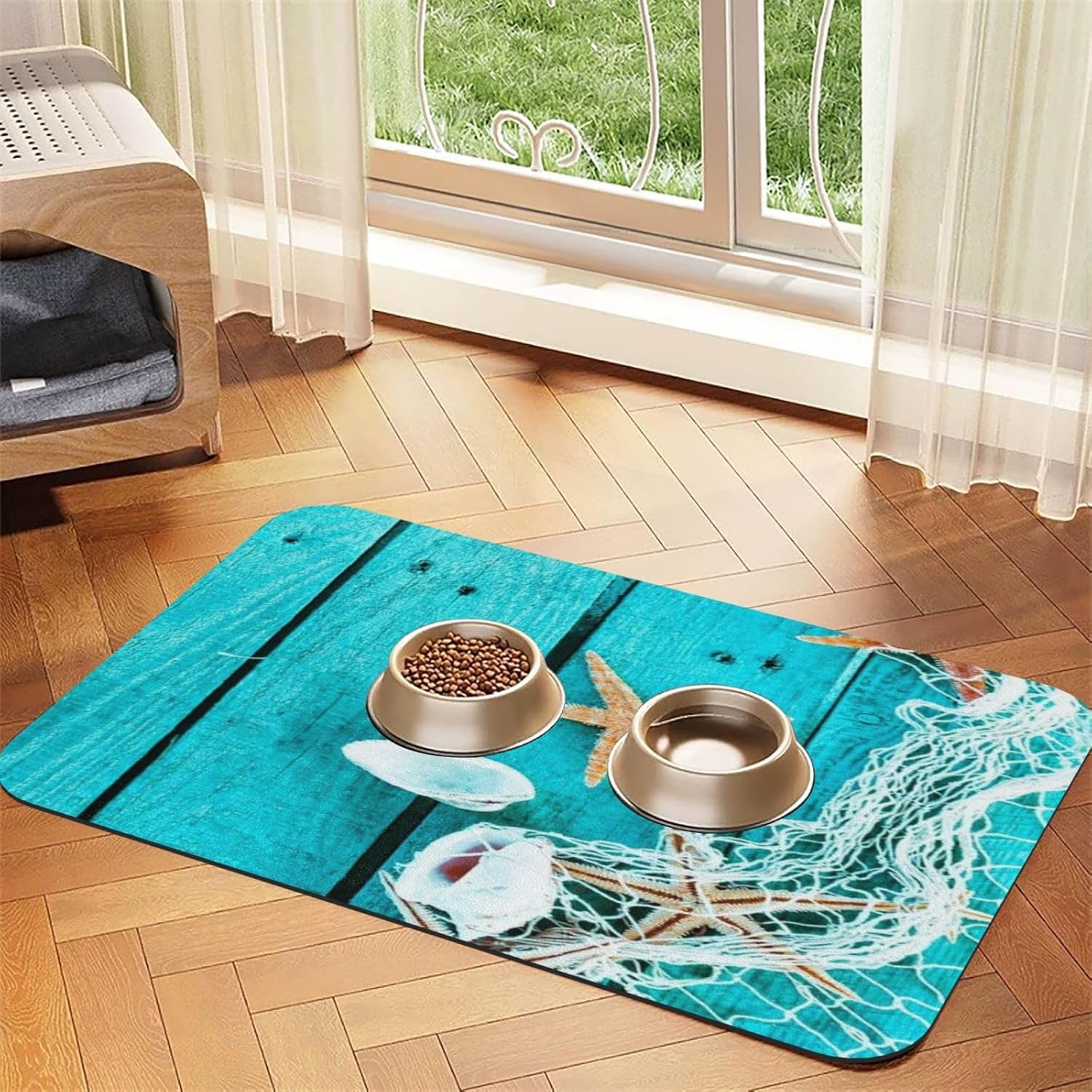 Starfish and Conch Art Pet Feeding Mat-Absorbent Quick Dry Pet Cat Dog Food Mat Non Slip Waterproof Rubber Dish Placemat