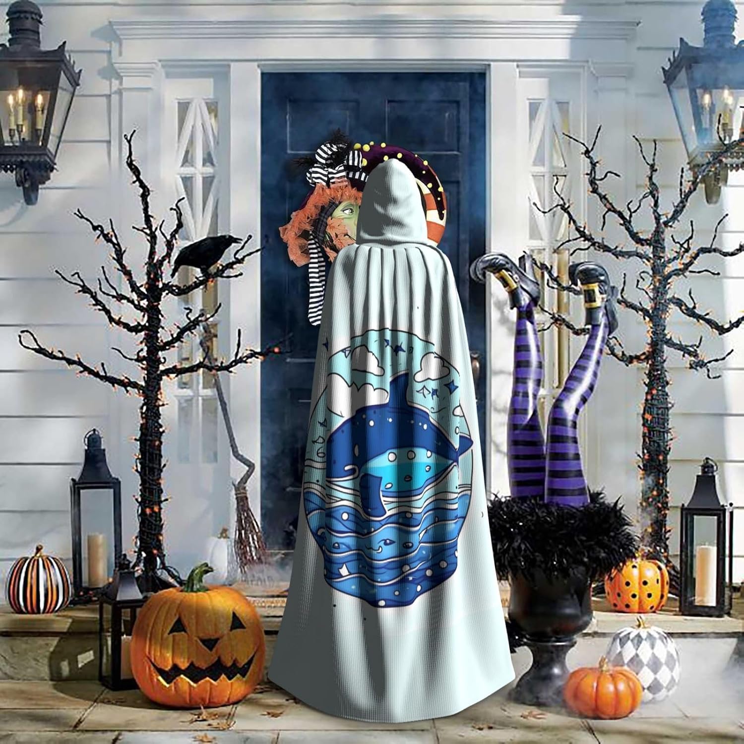 STejar Small Whale Swimming Halloween Adult Hooded Cape, Hooded Robe Cape, Women's Men's Halloween Dress Up Party Cosplay Costumes. Black