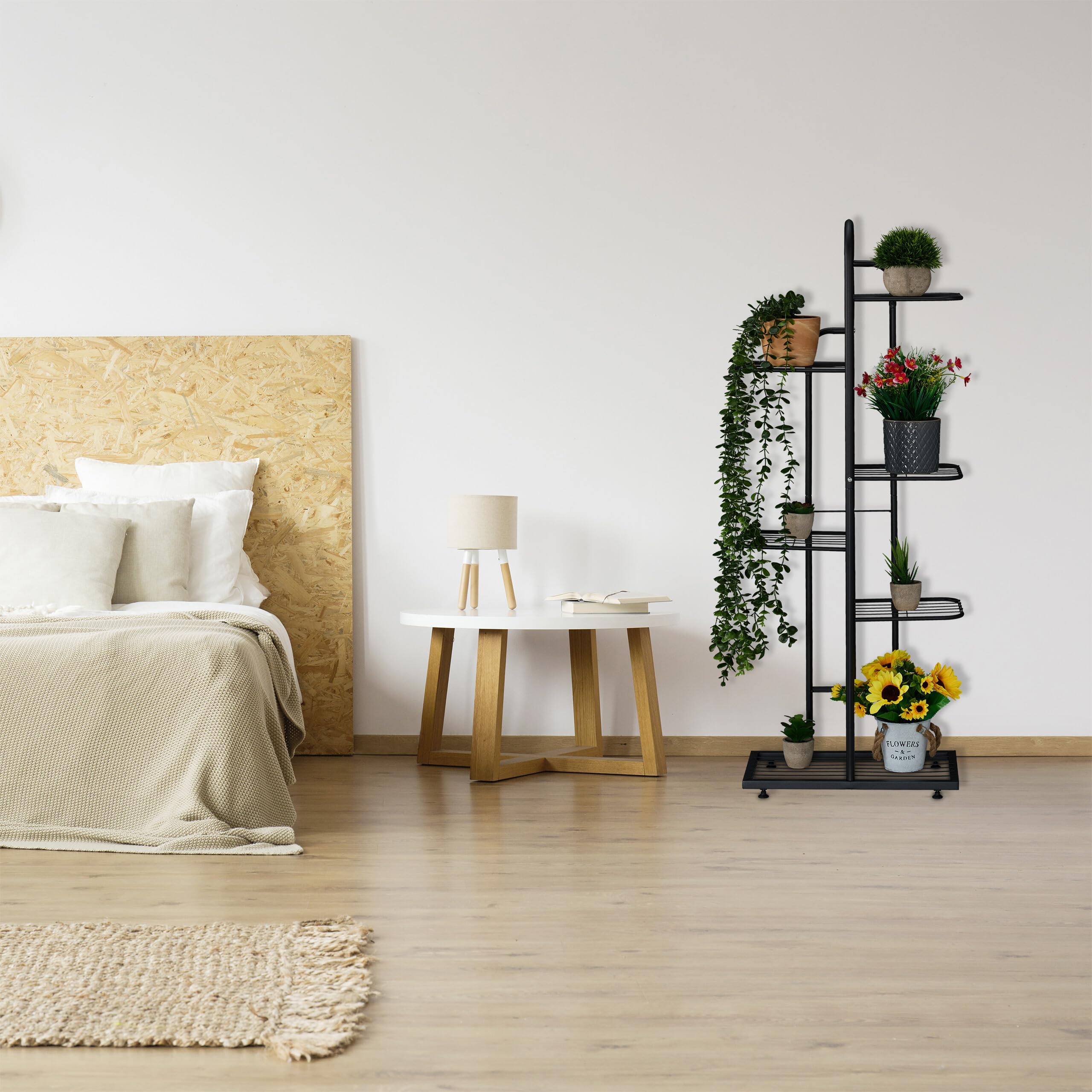 Relaxdays Étagère à Plantes, 6 Niveaux spacieux, pour 7 Pots, métallique, H x L x P : 109,5 x 44 x 22 cm, Noire