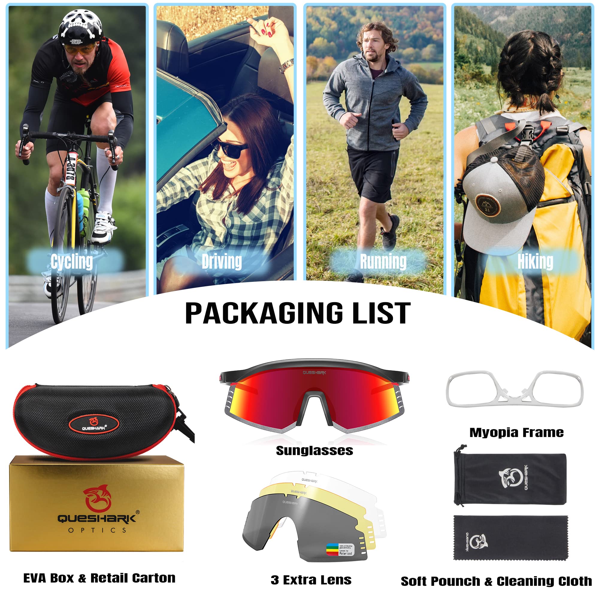 Occhiali Da Ciclismo Queshark Polarizzati - 4 Lenti Intercambiabili, Anti-UV, Leggeri, Per Sport Uomo/Donna - Foto 4