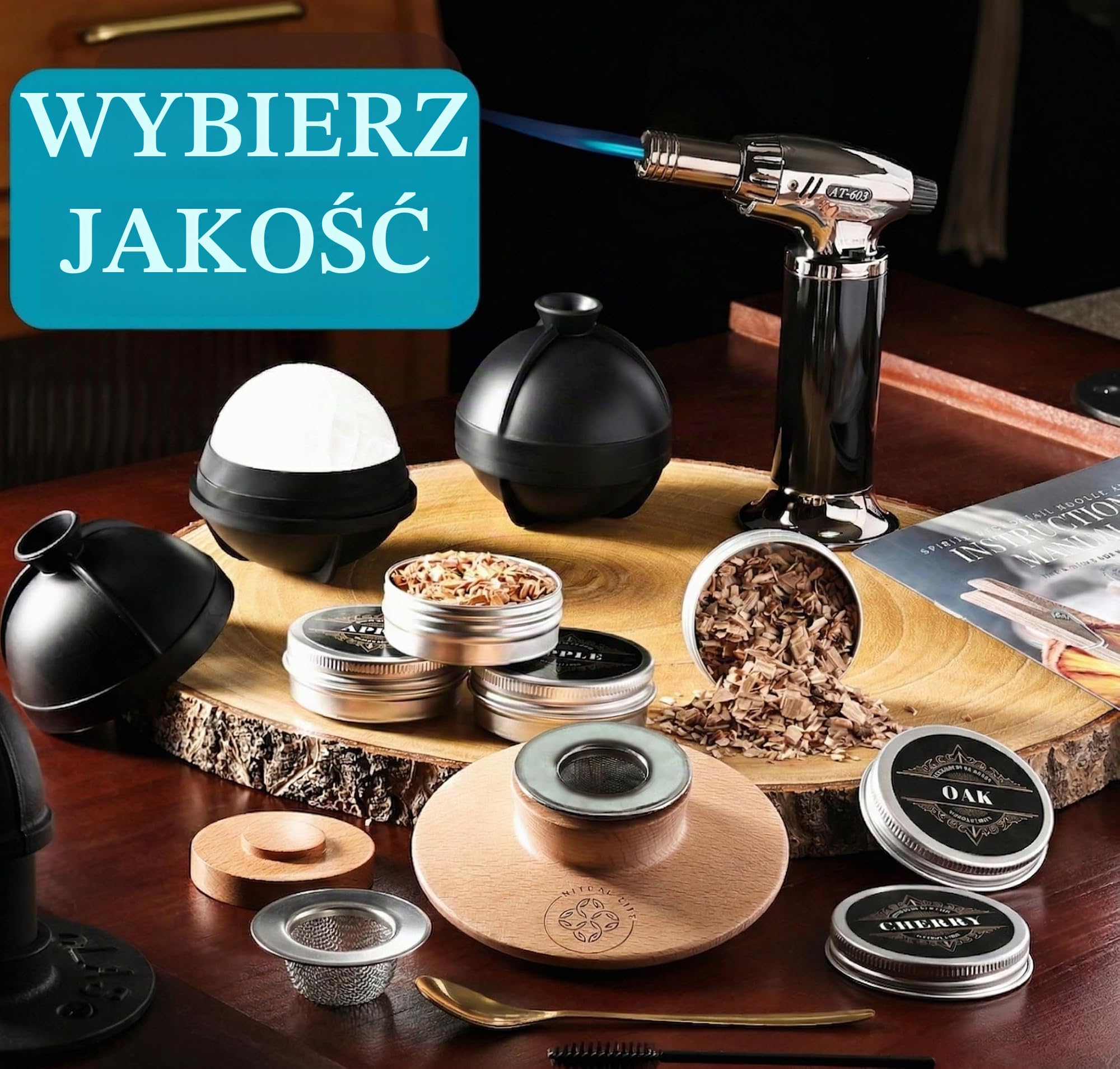 Zestaw do palenia koktajli – wędzarnia whisky, burbona, palacz do napojów z latarką, niestandardowa góra, 2 foremki do lodów, 4 smaki, drewniane chipsy, palacze do napojów whisky, zestaw do palenia
