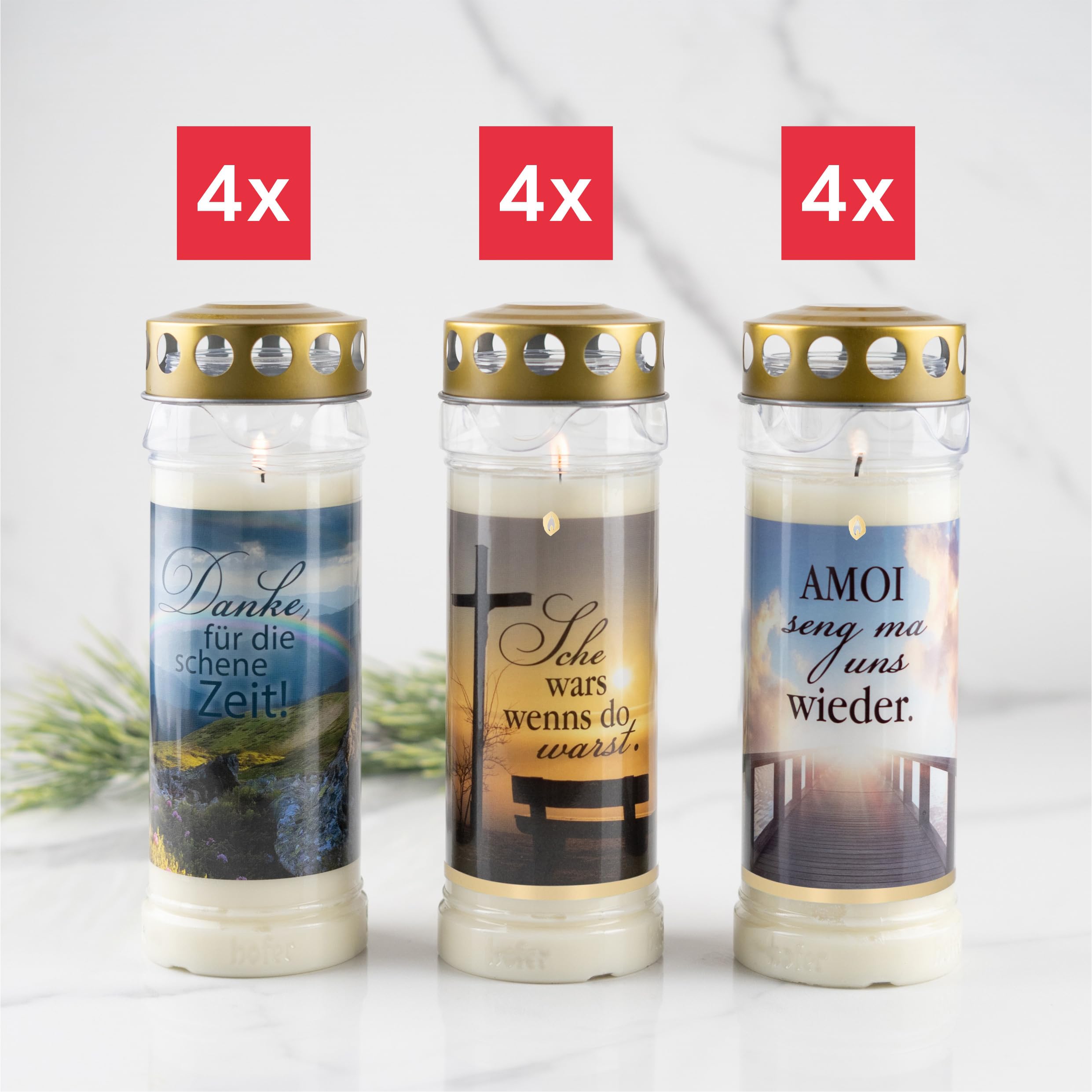 HOFER Grabkerzen, Grablicht, Brenndauer ca. 7 Tage, MUNDART SELECT, 12 Stk | Regenfeste Trauerkerzen, Friedhofskerze mit Motiv & Spruch, für Grabdeko & Grabschmuck