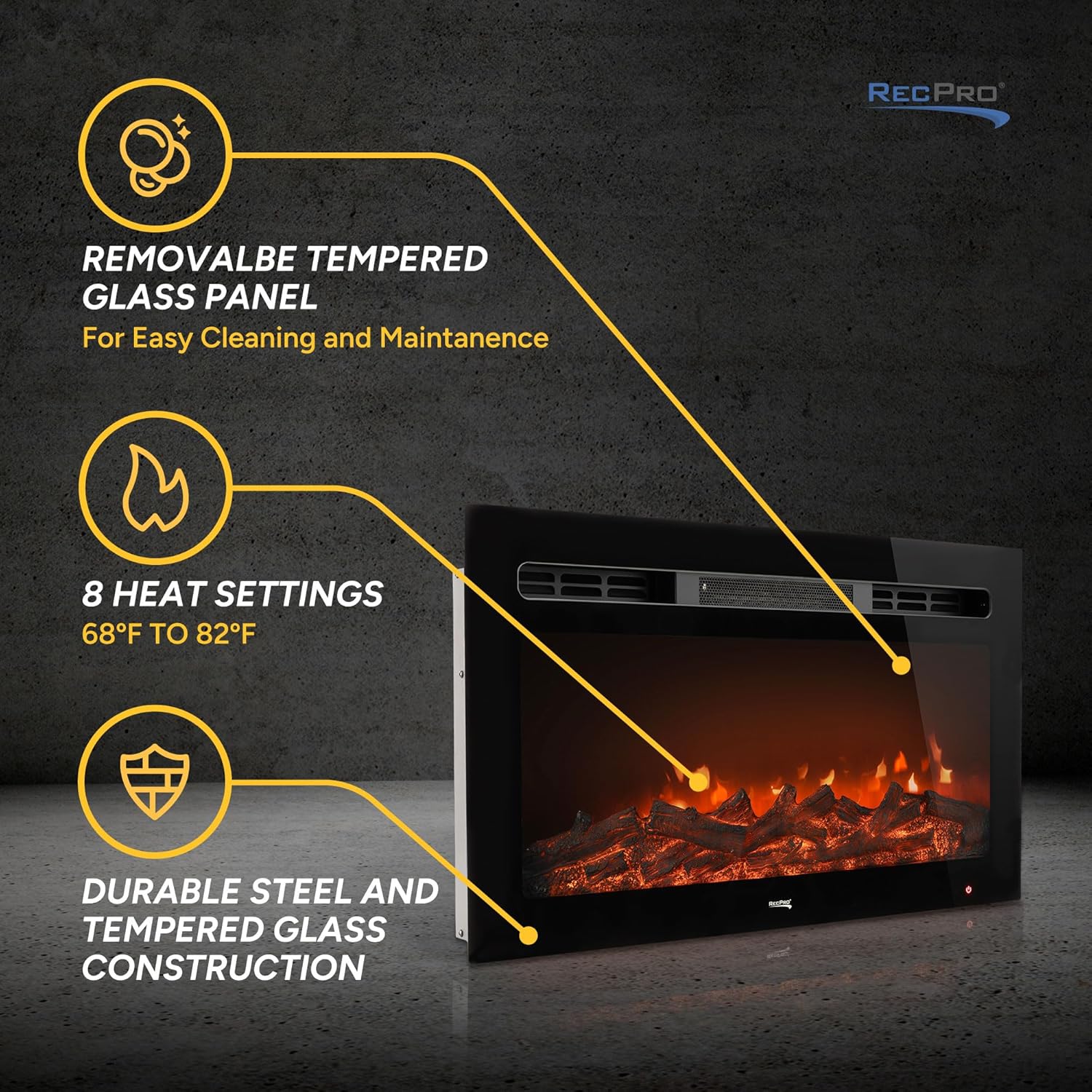 RecPro RV Fireplace | Recessed Electric Fireplace | Glass with Log View | Includes Remote (26" W)