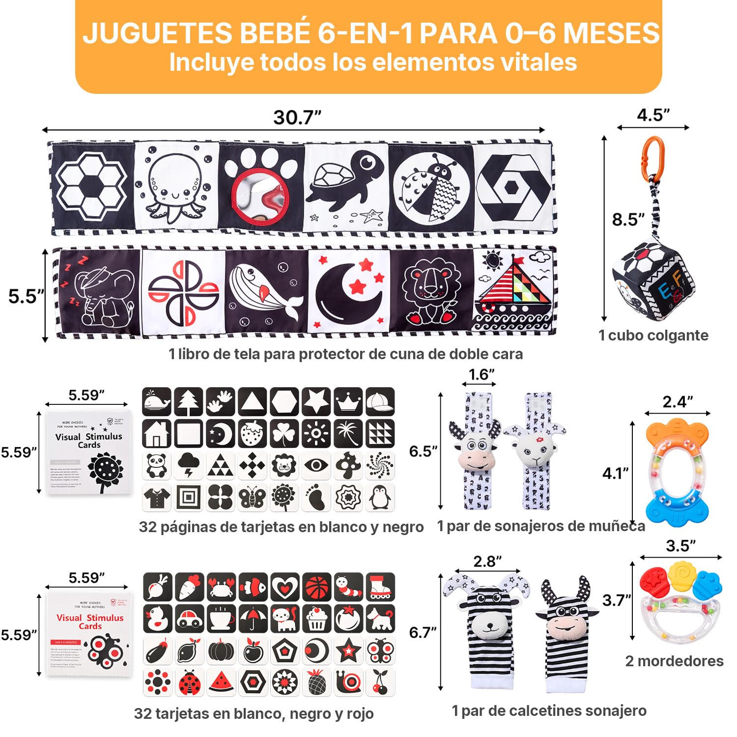 JoyCat Juguetes Bebés 0 3 6 Meses, 6 en 1 Juguetes Sensorial con Tarjetas Blanco y Negro, Libro de Tela, Sonajeros, Mordedor, Tummy Time Estimulacion Bebe 0-6 Meses Regalo Bebe Recien Nacido Niño