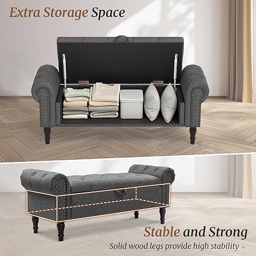 Vista 4 de Storage Bench, 50” Queen Linen Tufted Button End of Bed Bench with Rolled Arm and Nailhead Trim, Upholstered Bedroom Bench, Storage Ottoman for End