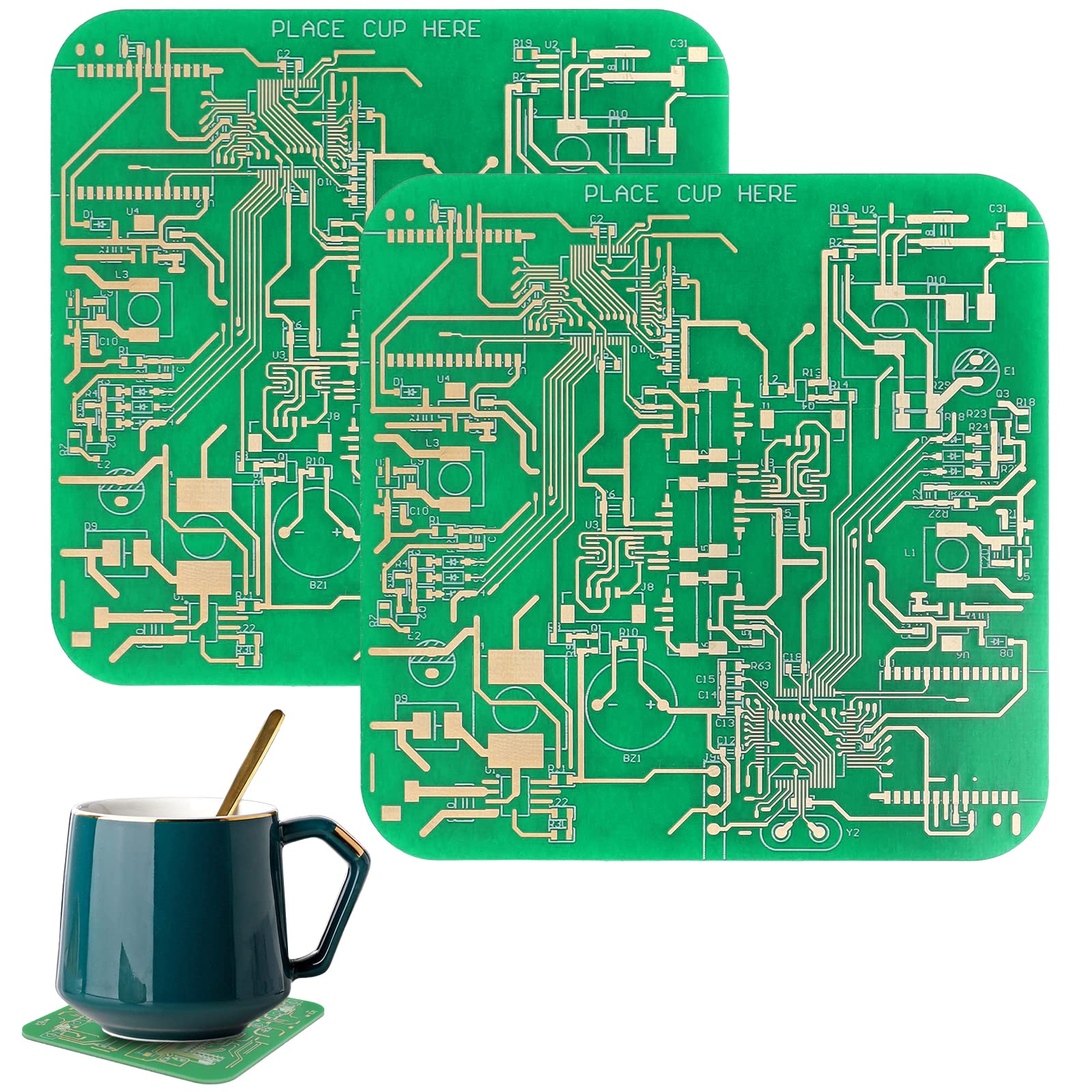 2PCS Circuit Board Coasters PCB Cup Coasters for Drinks Funny Coasters Desk Decor with Non-Slip Pads for Coffee Table Geeks Engineer Boyfriend Dads Gifts (2P, Green)