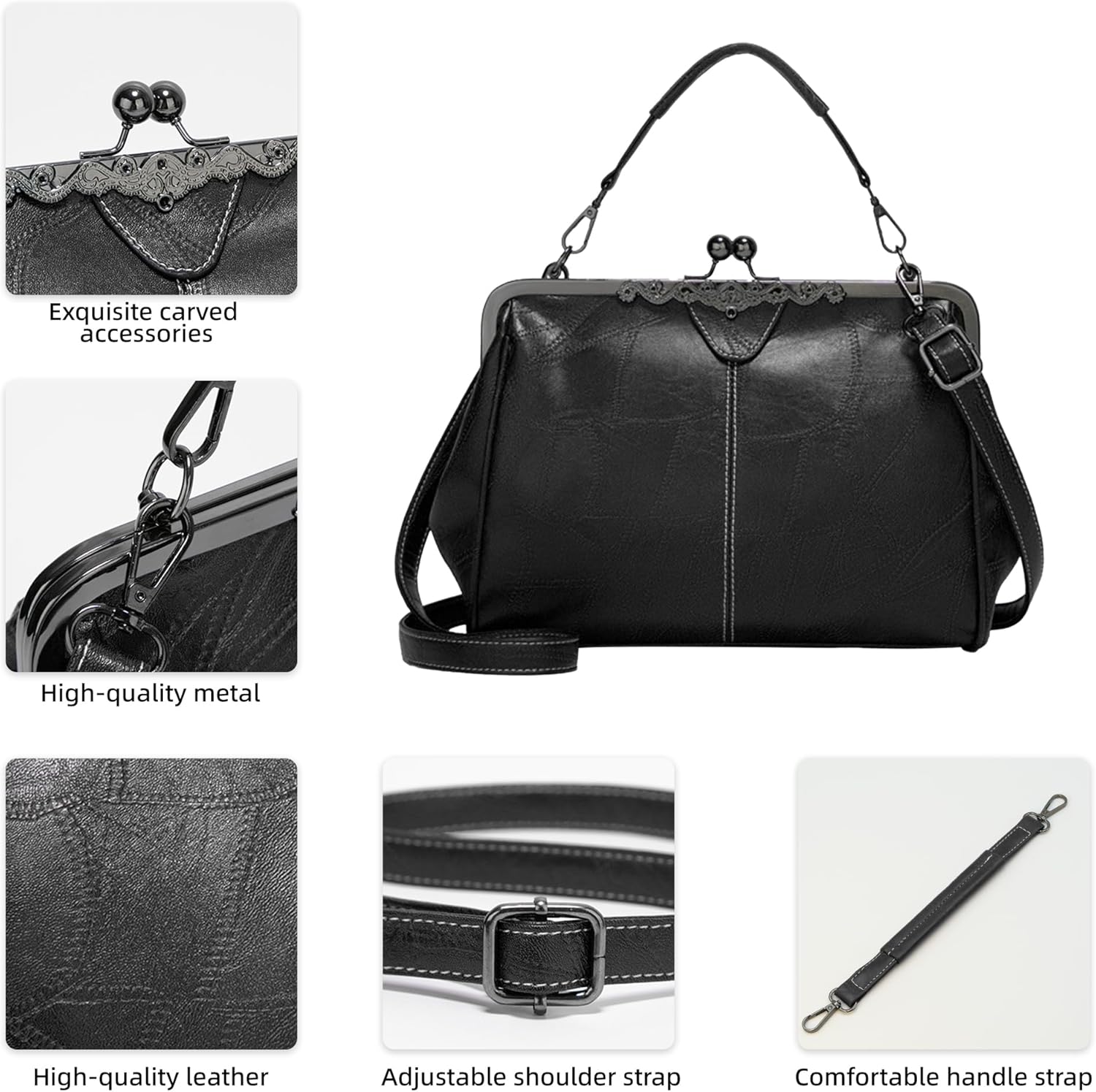Purses for Women Vegan Leather Women's Handbag Crossbody with Kiss Lock Satchel Evening Clutch Purse Vintage Tote - Image 3