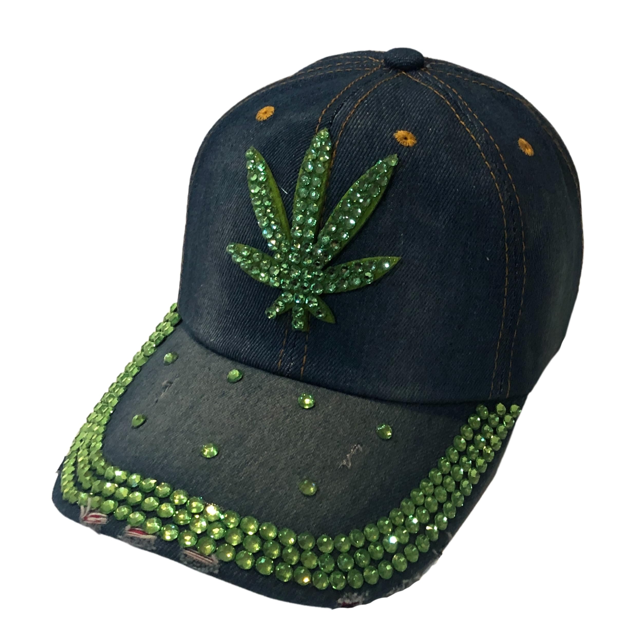 Popfizzy Bling Hat for Women, Rhinestone Baseball Cap, Bedazzled Distressed Denim Hats, Birthday Gifts for Women, Adjustable, Weed (Dark Denim), One Size