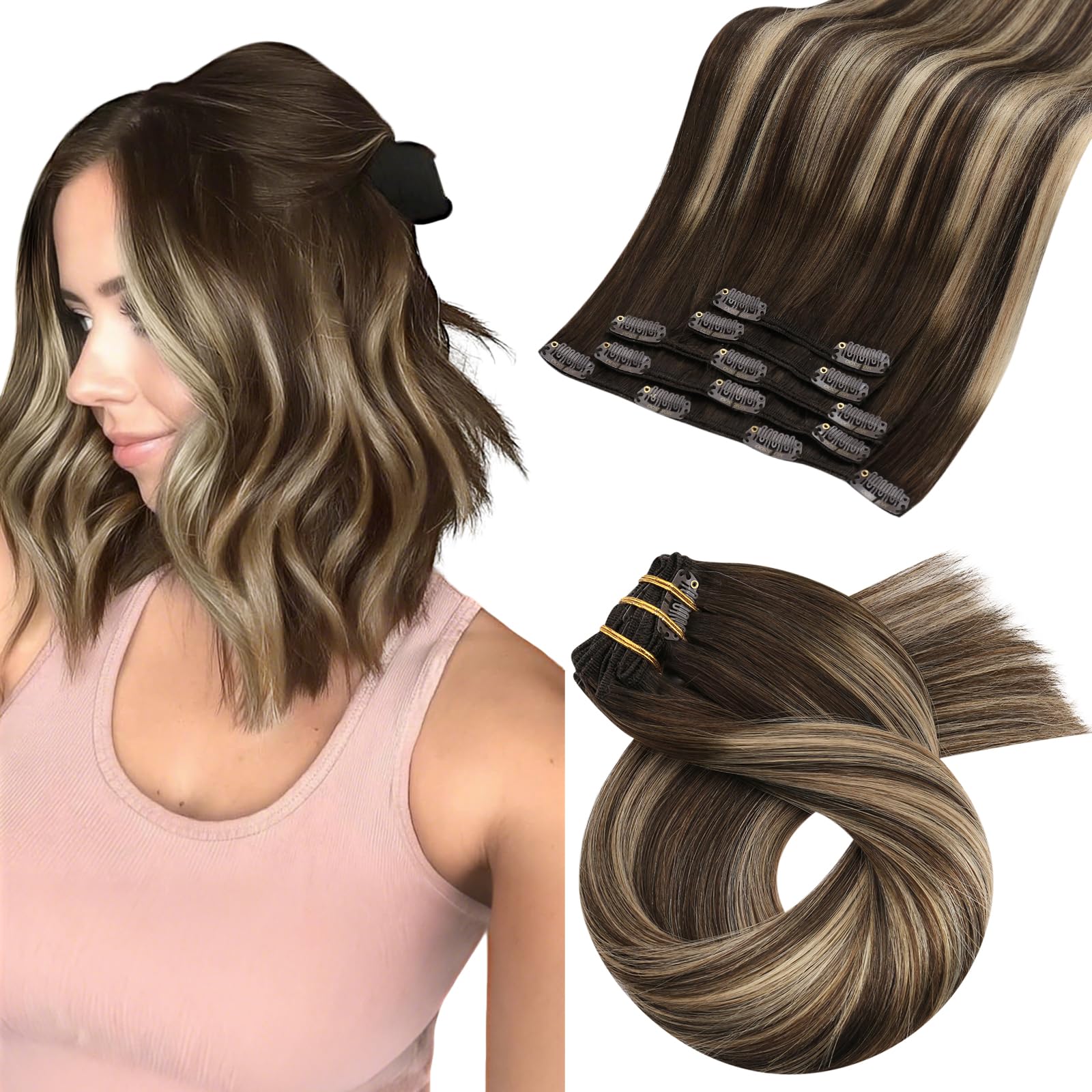 Moresoo Human Hair Extensions Clip in Real Hair Ash Blonde with Bleached Blonde Clip in Hair Extensions Remy Human Mid-length Hair Layered Add Volume 14 Inch 5pcs/80g #P18/613 — view 29