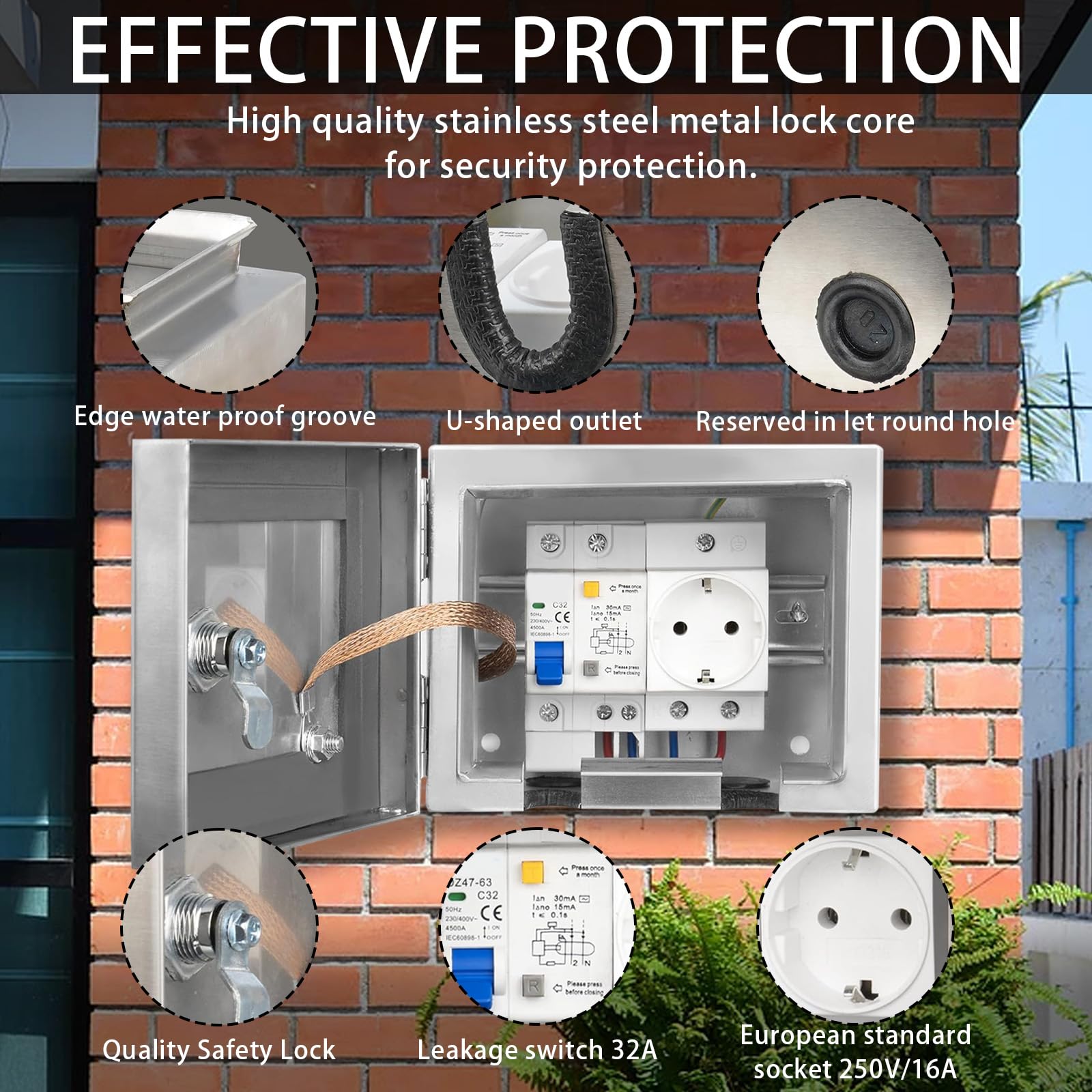 Scatola Elettrica da Esterno in Acciaio Inox, Armadio Elettrico Da Esterno con Interruttore di Dispersione 2P 32A e Presa Europea 250V/16A, Scatola di Distribuzione da Parete con Serratura