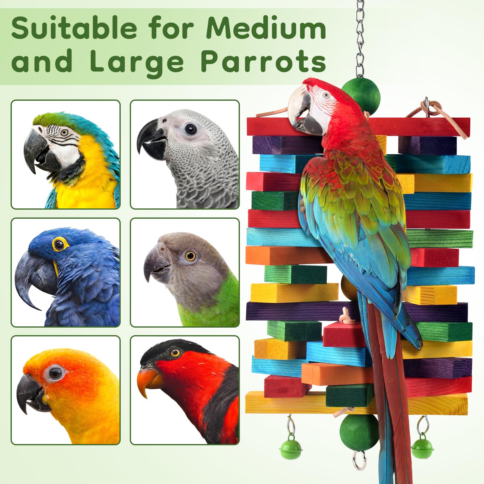 ERKOON Extra großes Vogelspielzeug für Papageien, afrikanisches Grau, Amazon-Papageien, mehrfarbig, natürliche Holzblöcke, Papageien-Kauspielzeug, Vogelkäfig-Zubehör