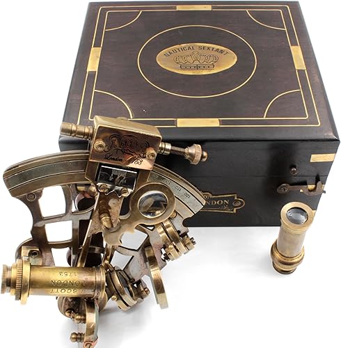 Miniatura 5 de J. Scott London Brass Sextant - Instrumento de navegación náutica antiguo antiguo antiguo con caja de exhibición de madera dura, decoración
