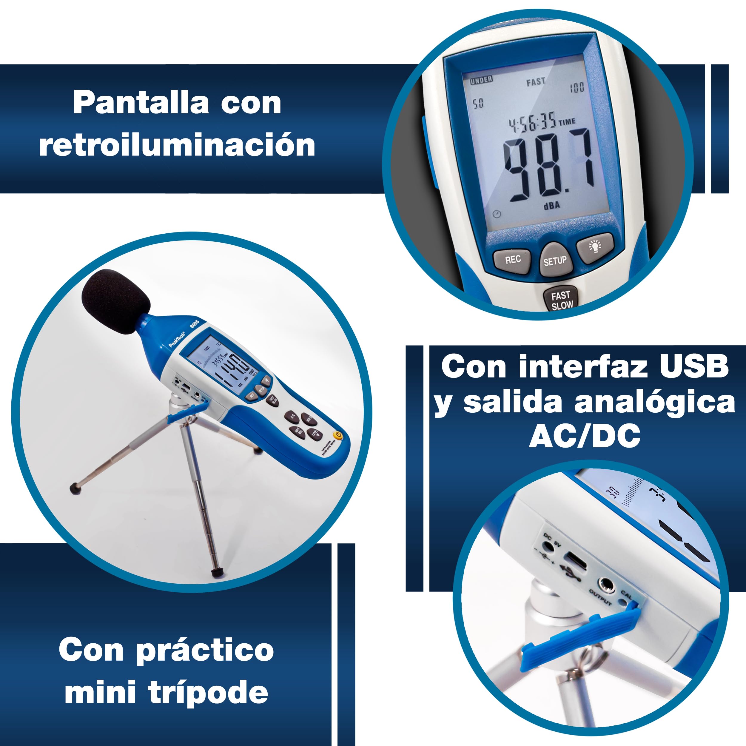 PeakTech P 8005 - Miernik poziomu dźwięku ~ 30 ... 130 dB A/C ~ z rejestratorem danych 32000 punktów i USB
