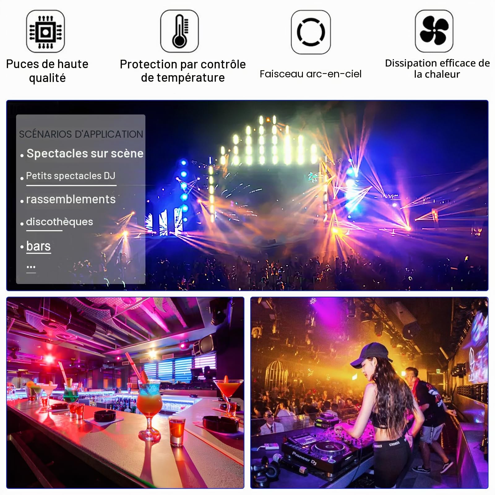 Lumières de fête, lumière disco, lumières DJ, lumières stroboscopiques LED 4 en 1 et effet Gobos à faisceau rouge vert, 16 canaux DMX avec son activé pour Noël, fête d'Halloween