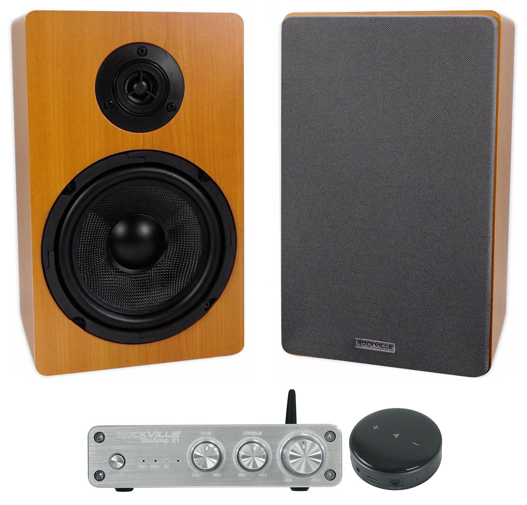 Rockville Bundle: Rockville BLUAMP 21 Silver 2.1 Channel Home Audio Amplifier Bundle with (2) Rockville ROCKSHELF 400w 6.5