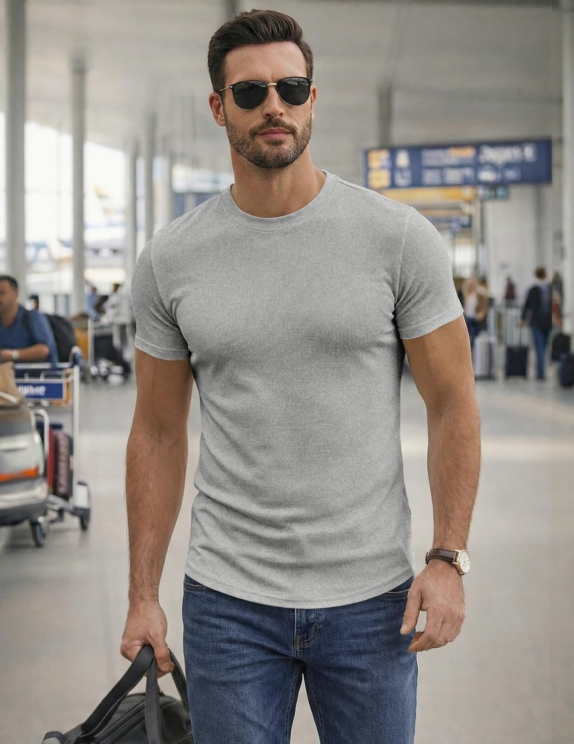 JMIERR Mens Short Sleeve T Shirt Summer Muscle Slim Fitted Crewneck Longline Tees Shirts for Gym Workout - Image 3