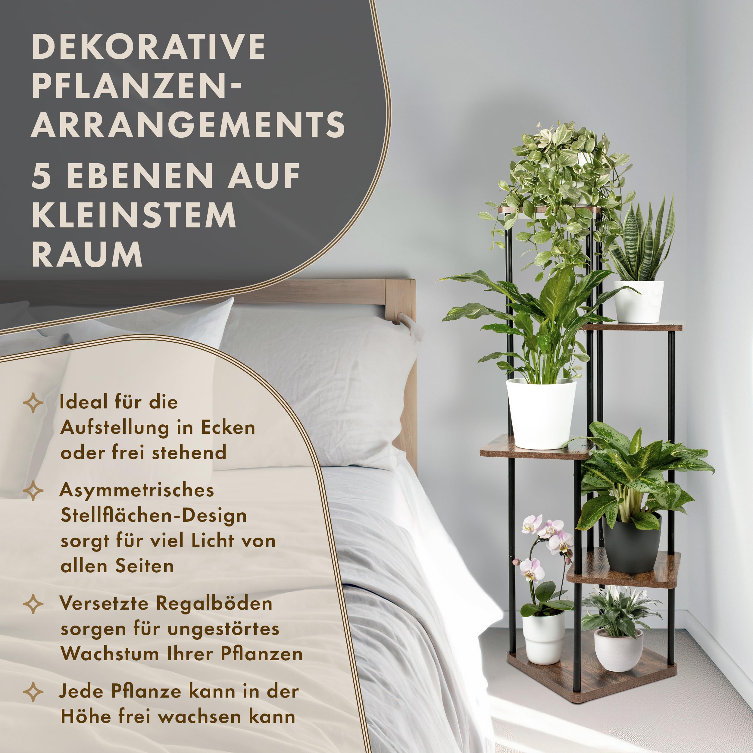 Blumenständer TOWER 2er Set - 5 Etagen 105 cm hoch Pflanzenständer | - Design Holz Eiche & Metall schwarz innen Deko für Wohnzimmer Blumen Ständer & Regal Pflanzenregal Blumenregal Blumentreppe