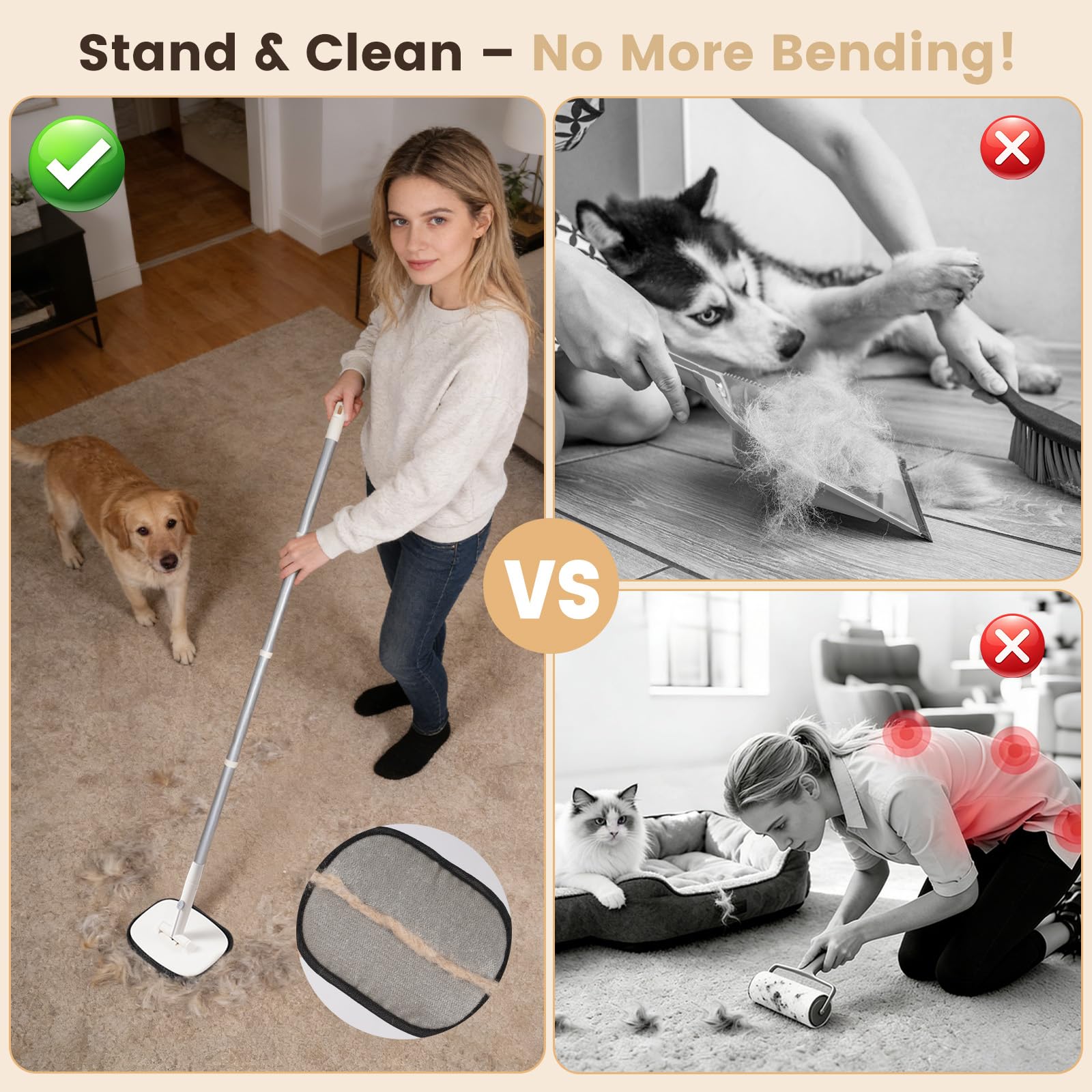 AMOSTIIIIC Removedor de pelo de mascotas para gatos y perros, herramienta reutilizable de depilación de mascotas con mango largo ajustable para pelaje de mascotas en el sofá de la escalera, cepillo