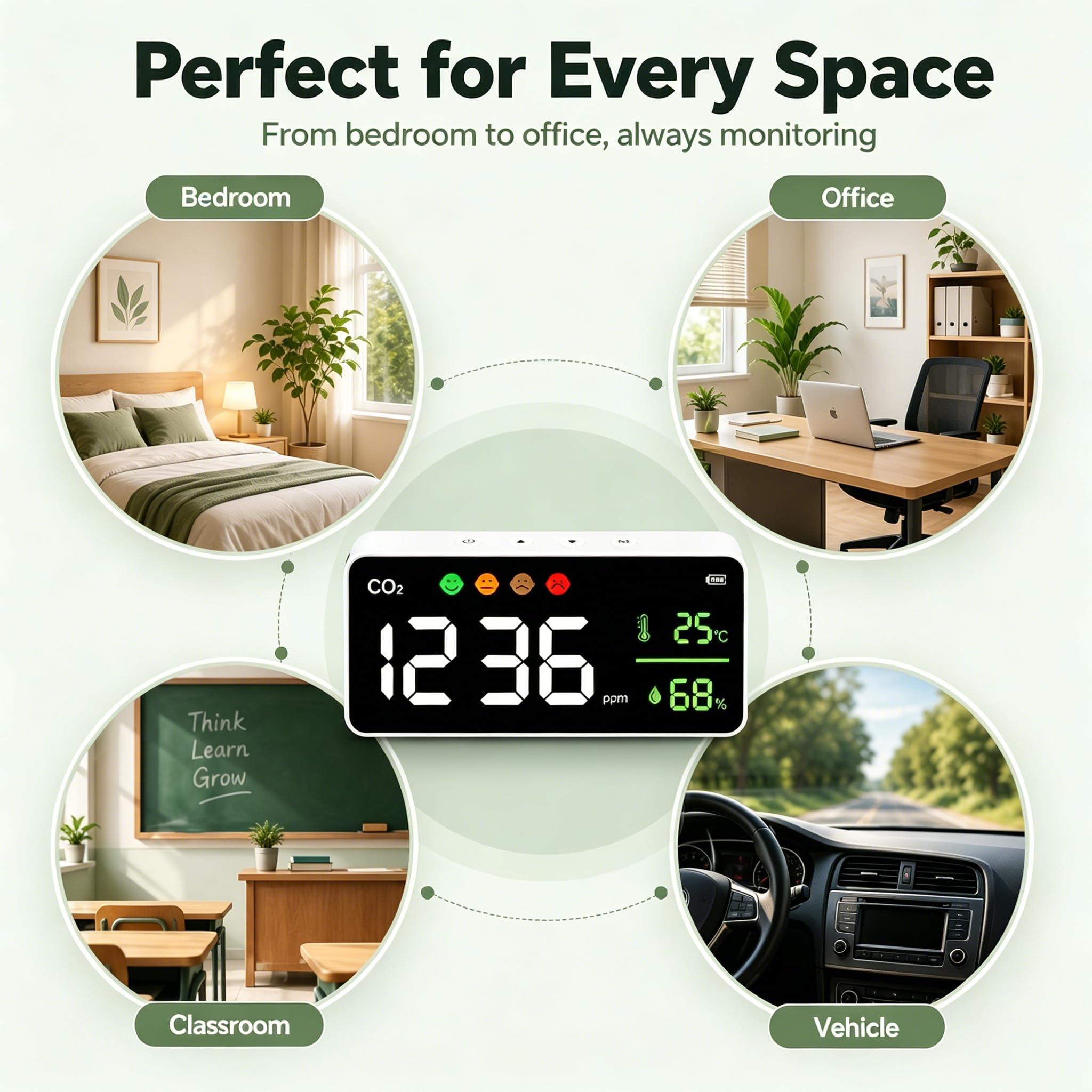 Monitor de Calidad del Aire, Pantalla LED de Montaje en Pared, Detector de Concentración de CO2, Termómetro, Higrómetro, Indicador de 4 Etapas para Uso en Interiores