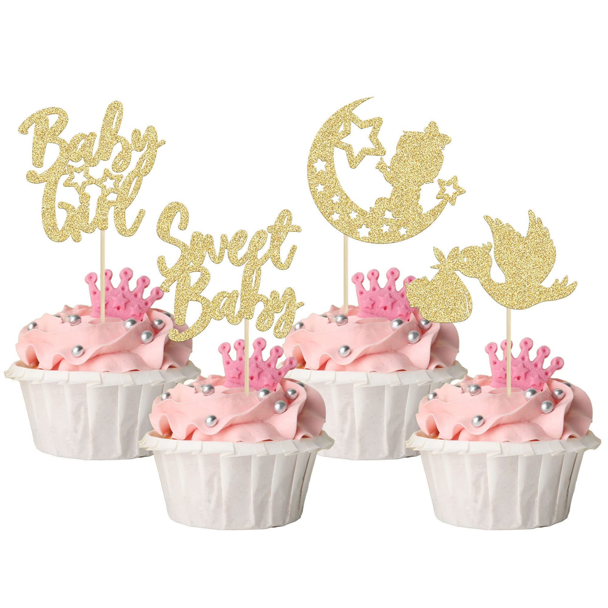 Buy 24Pcs Babyshower Girl Cupcake Toppers Glitter Moon Star Sweet Baby