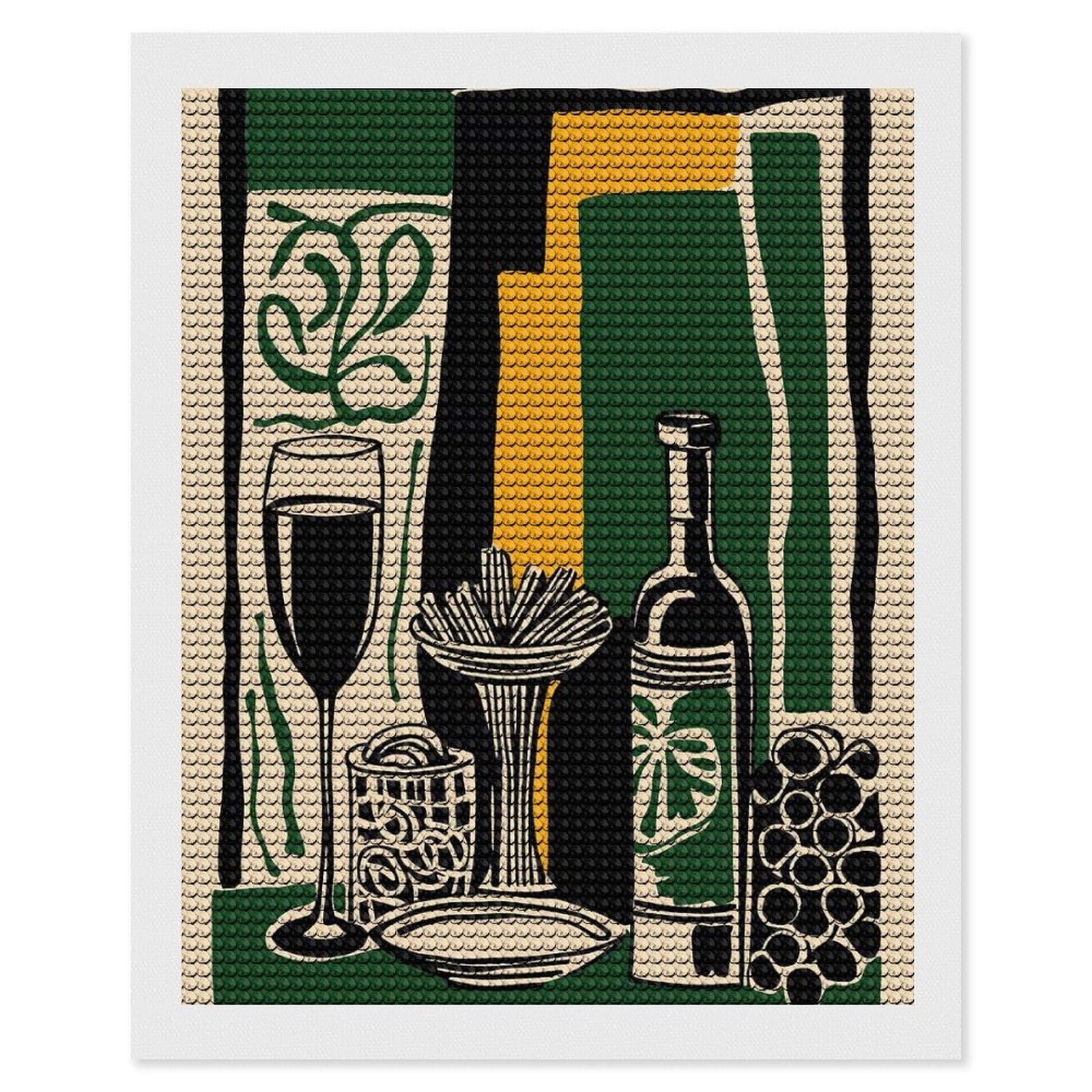 Junmoney Abstract Still Life with Wine DIY Diamond Art Canvas Kit 16"x20", Adhesive Canvas, Easy to Enjoy, Farmhouse Decor, Festive Craft Gift