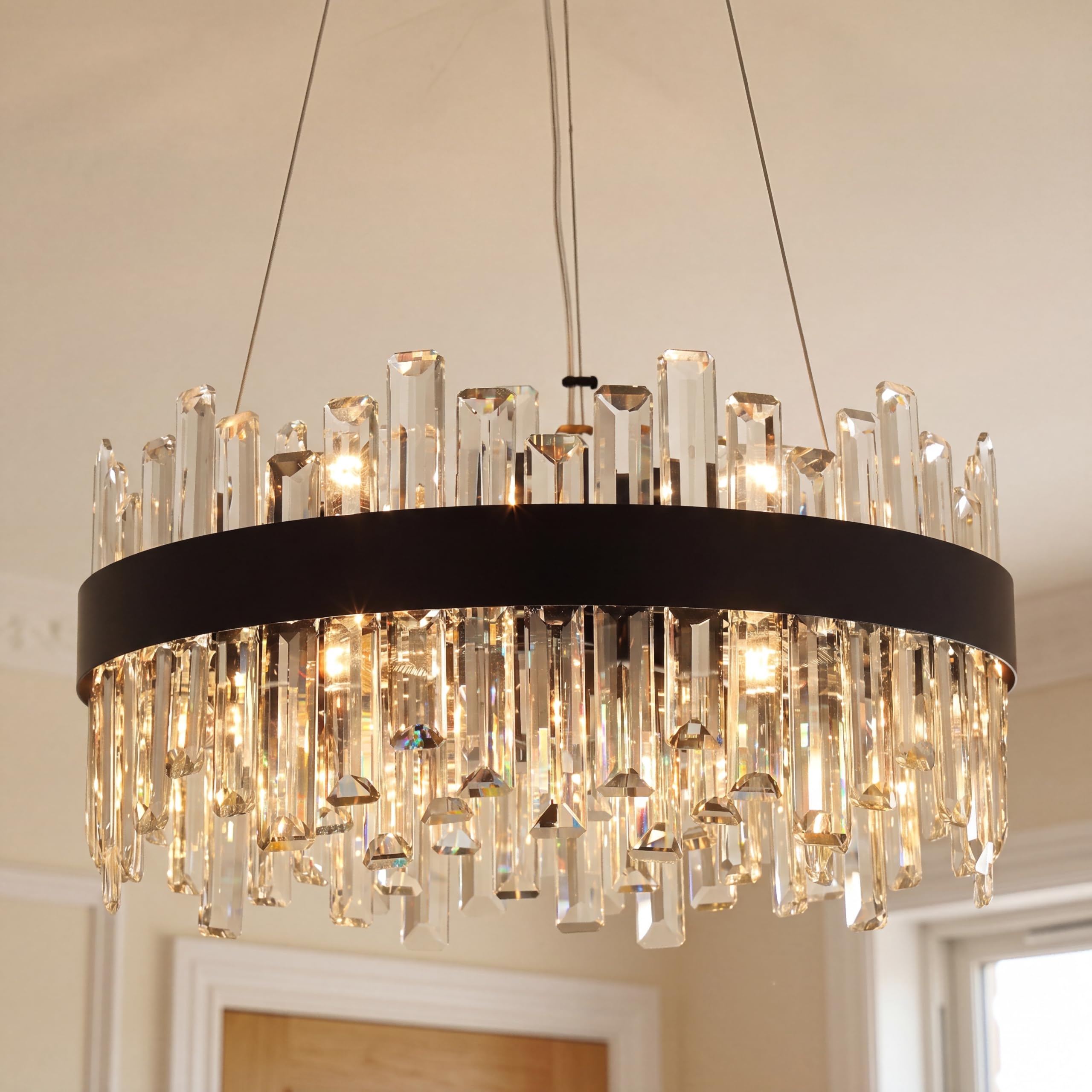 AKMNBDH Matte Black Round Crystal Chandelier 50cm, 12-Light Dimmable K9 Raindrop Crystal Pendant Light, Adjustable Wire Cable Hardwired Ceiling Chandelier for Dining Room, Living Room, Kitchen Island