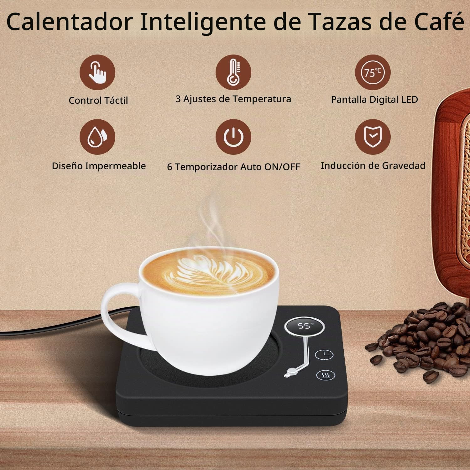 Mcbazel Calentador de Tazas de café 40°C-55°C, 55°C-65°C. 65°C-75°C Grado Celsius Sensor de Gravedad Temporizador de Temperatura de Tres Velocidades Almohadilla Calentadora de Tazas de Café -Negro