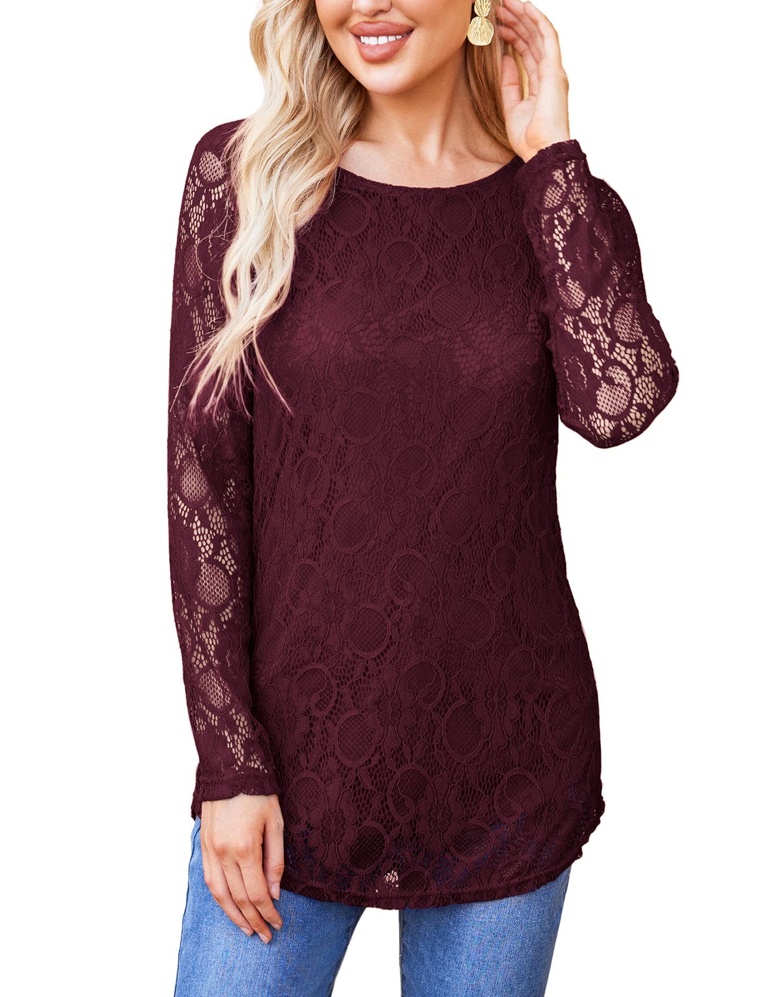 SoTeerWomen's Lace Long Sleeve Top Curved Hem Double Layers Blouse Shirt Tops S-XXL, Dark Red, XXL