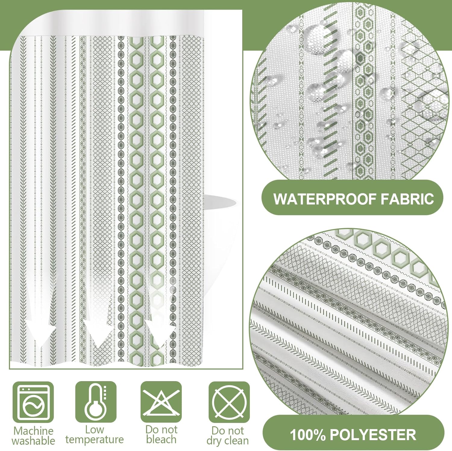 No Hook Shower Curtain with Snap in Liner and Sheer Window, Modern Hotel Style Shower Curtain Set for Bathroom Decor, Washable and Quick Install, Green and White, 71 X 84 Inches