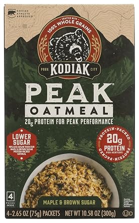 Kodiak Peak Instant Oatmeal Packets, Maple Brown Sugar, High Protein, 100% Whole Grains, 1 box with 4 packets