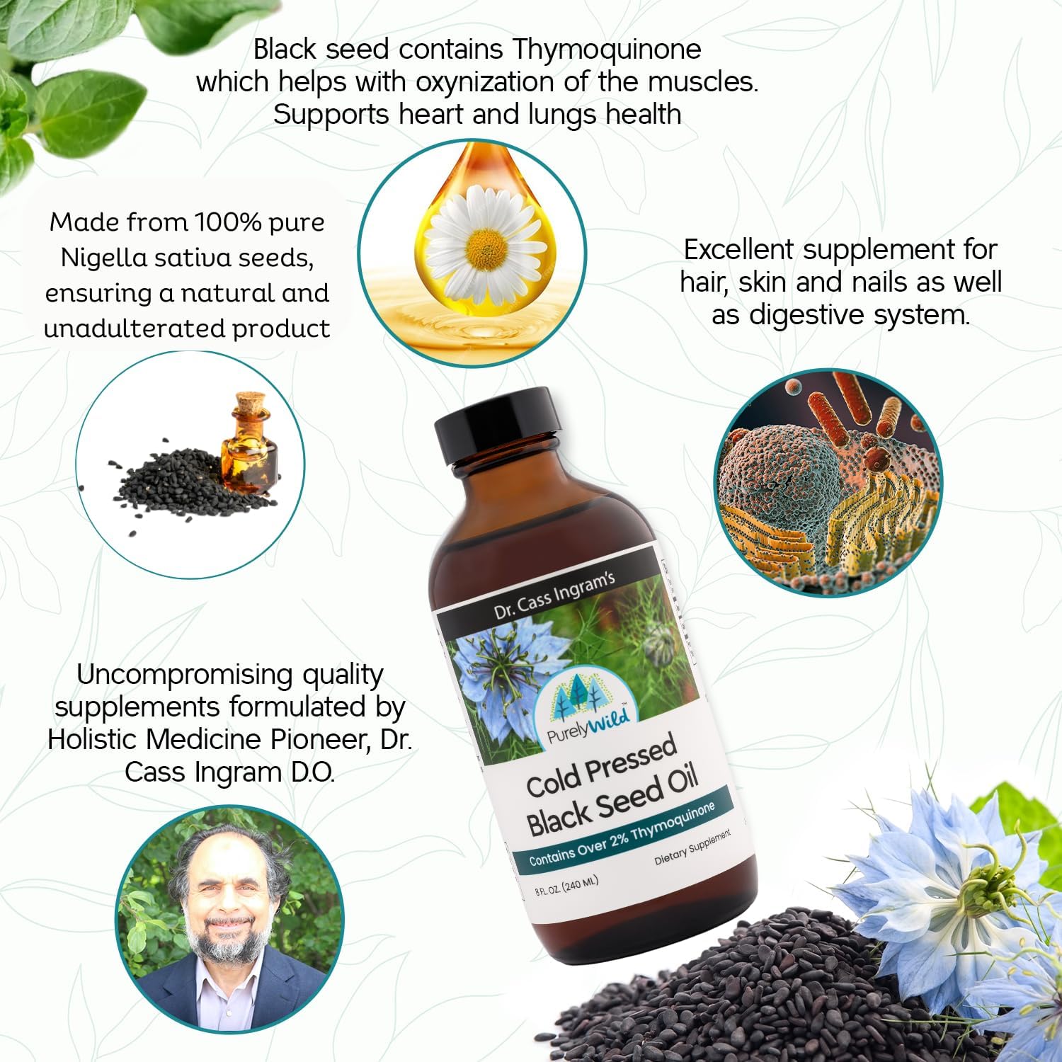 PURELY WILD Black Seed Oil - Formulated by Dr. Cass Ingram - 100% Cold Pressed Nigella Sativa Oil - Immune Support Supplement - Non-GMO, Unrefined, No Additives - 8 fl oz
