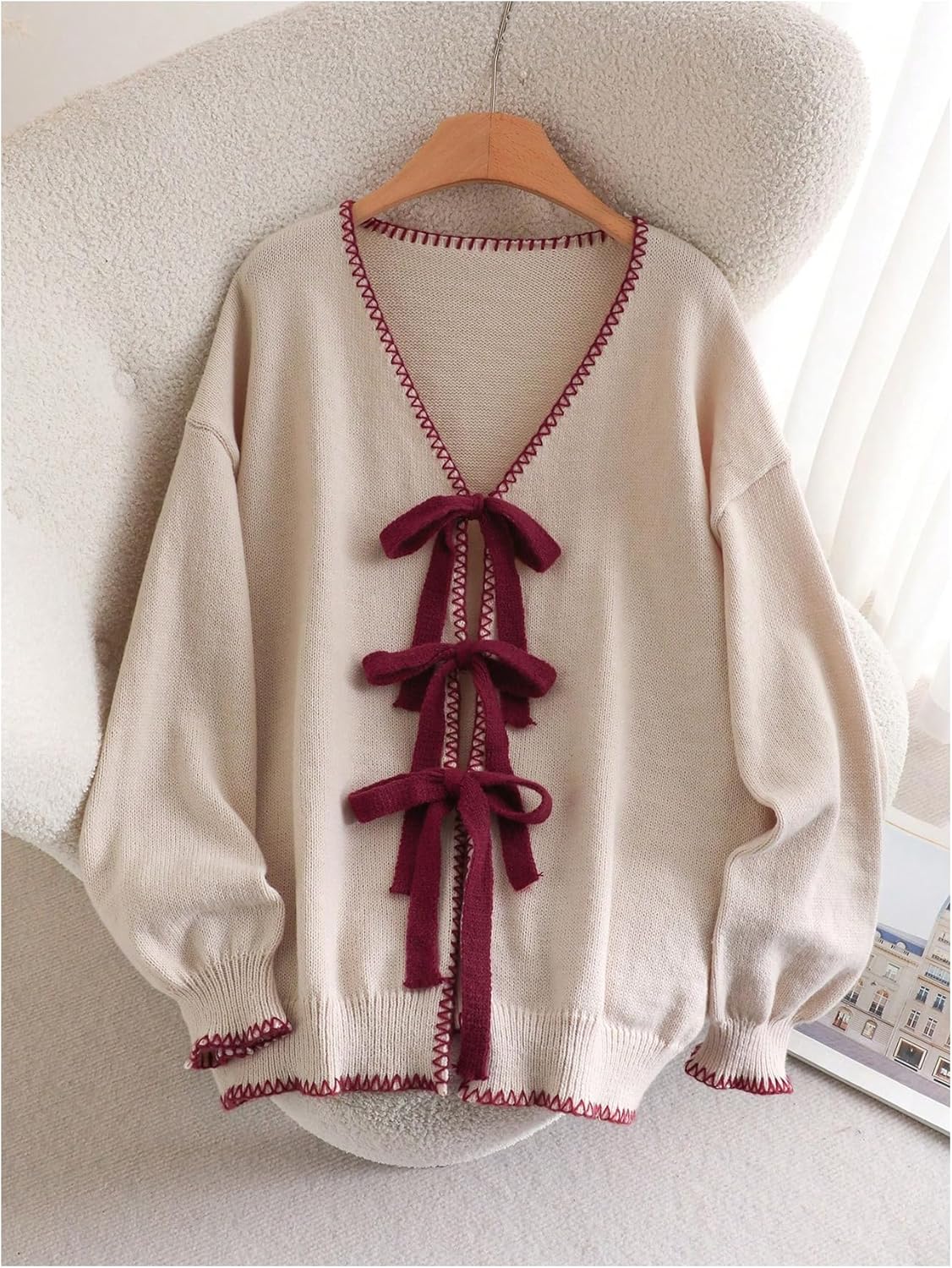 SHENHE Women's Plus Size Tie Front Bow Cardigan Sweater V Neck Fall Soft Knit Loose Cardigan - Image 5