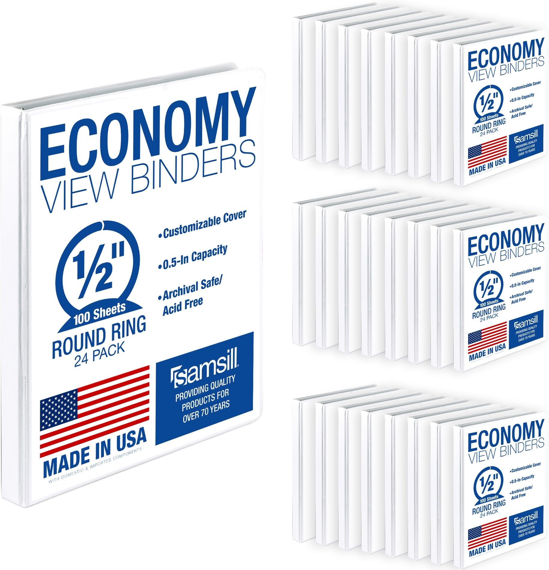 Samsill 0.5 Inch 3 Ring Binders, Economy Round Ring, Clear View Cover, 100 Sheet Capacity - for School, Home, Office - White, 24 Pack
