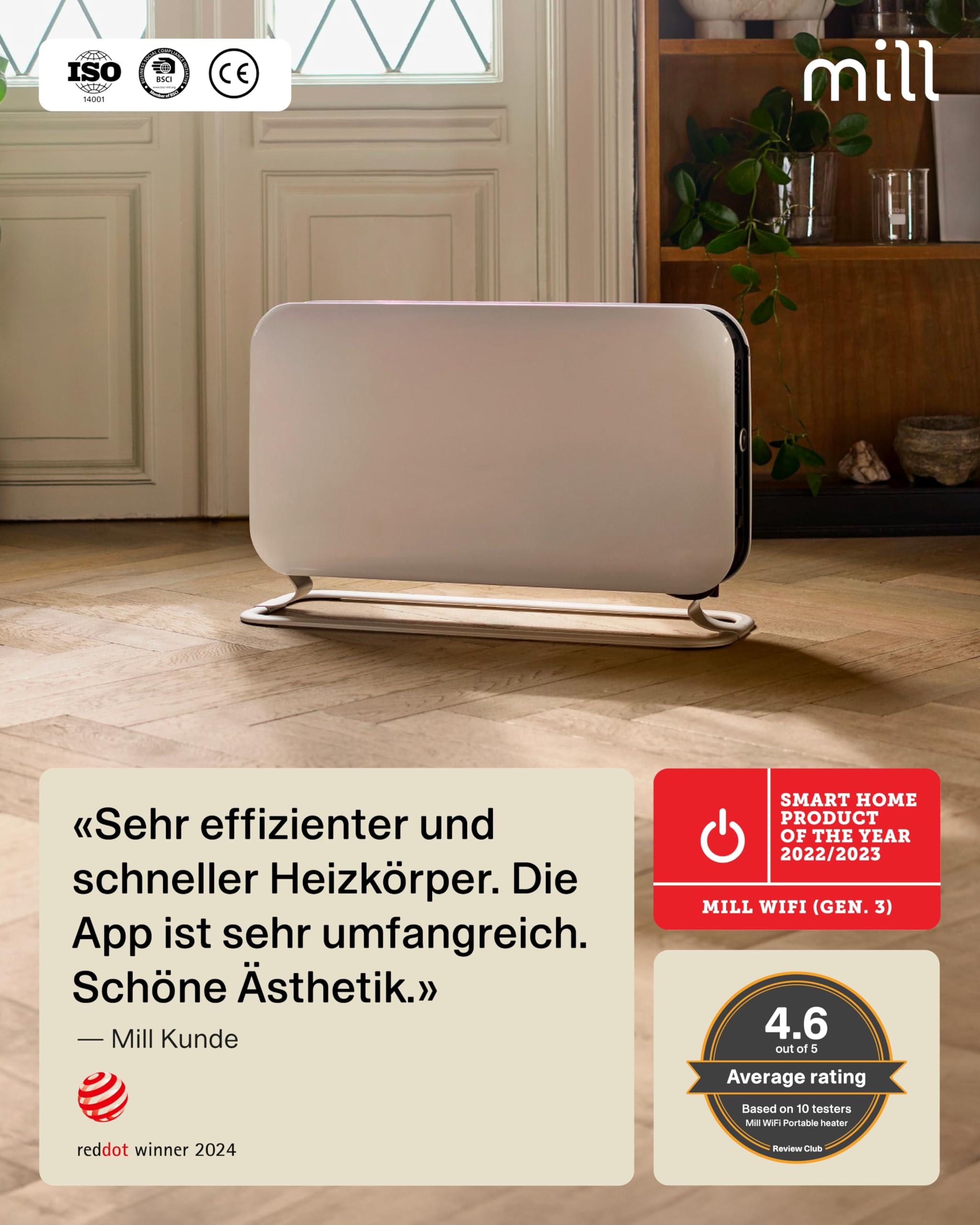 Mill WIFI Max Elektro Heizkörper 1500W, Smarter Badheizkörper elektrisch 18-22m², Elektroheizung energiesparend & freistehend, leise elektrische Heizung, Elektroheizkörper, Electric Heater - Weiß