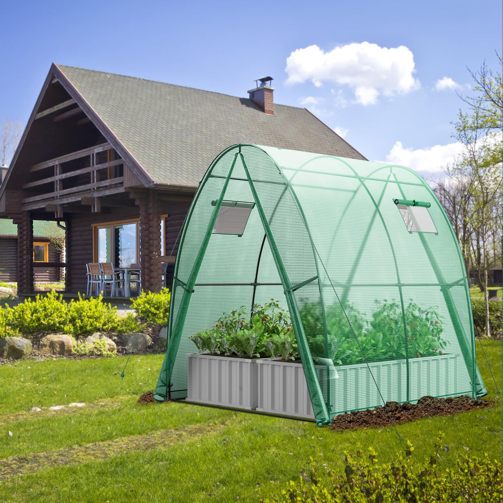 GYMAX Serra da Giardino, 181x181x200cm, Serra a Tunnel con 2 Finestre Avvolgibili e 2 Porte con Cerniera, Copertura in PE, Resistente al Vento, ai Raggi UV, Serra Invernale per Orto e Piante (Verde)