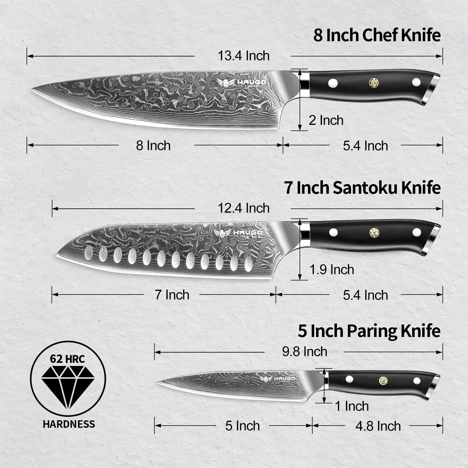 Damascus Knife Set - Haugo 3 PCS Professional Chef Knife Set with Japanese VG10 Steel Core - Ultra Sharp Kitchen Knives and Full Tang G10 Handle - Ronin Series - Gift Box - Image 3