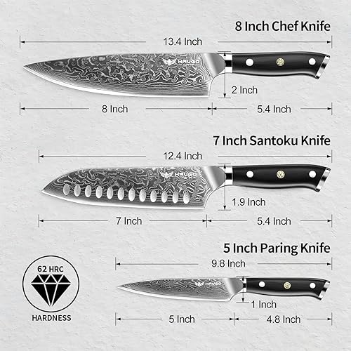 Miniatura 3 de Juego de 3 cuchillos de chef profesional de Damasco con núcleo de acero japonés VG10, cuchillos de cocina ultra afilados y mango G10 de espiga